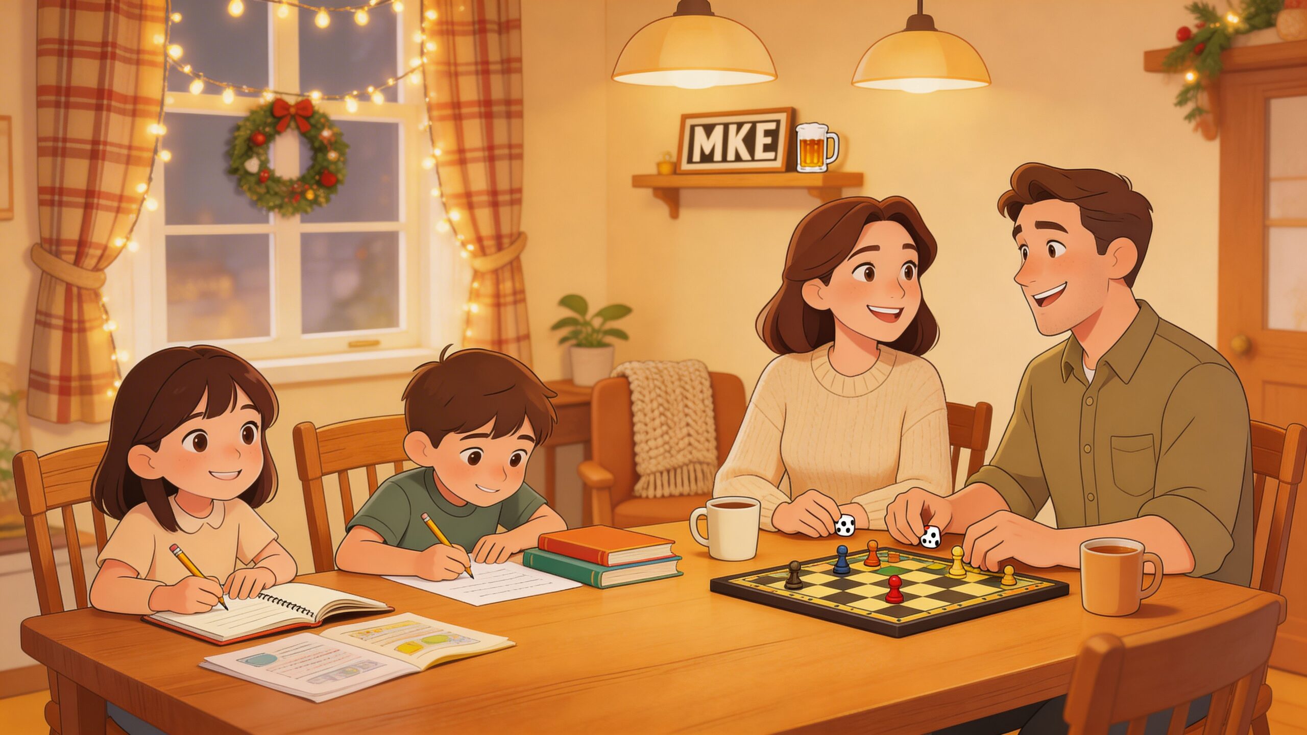 A happy family of four sitting around a wooden dining table enjoying activities together in a cozy room.