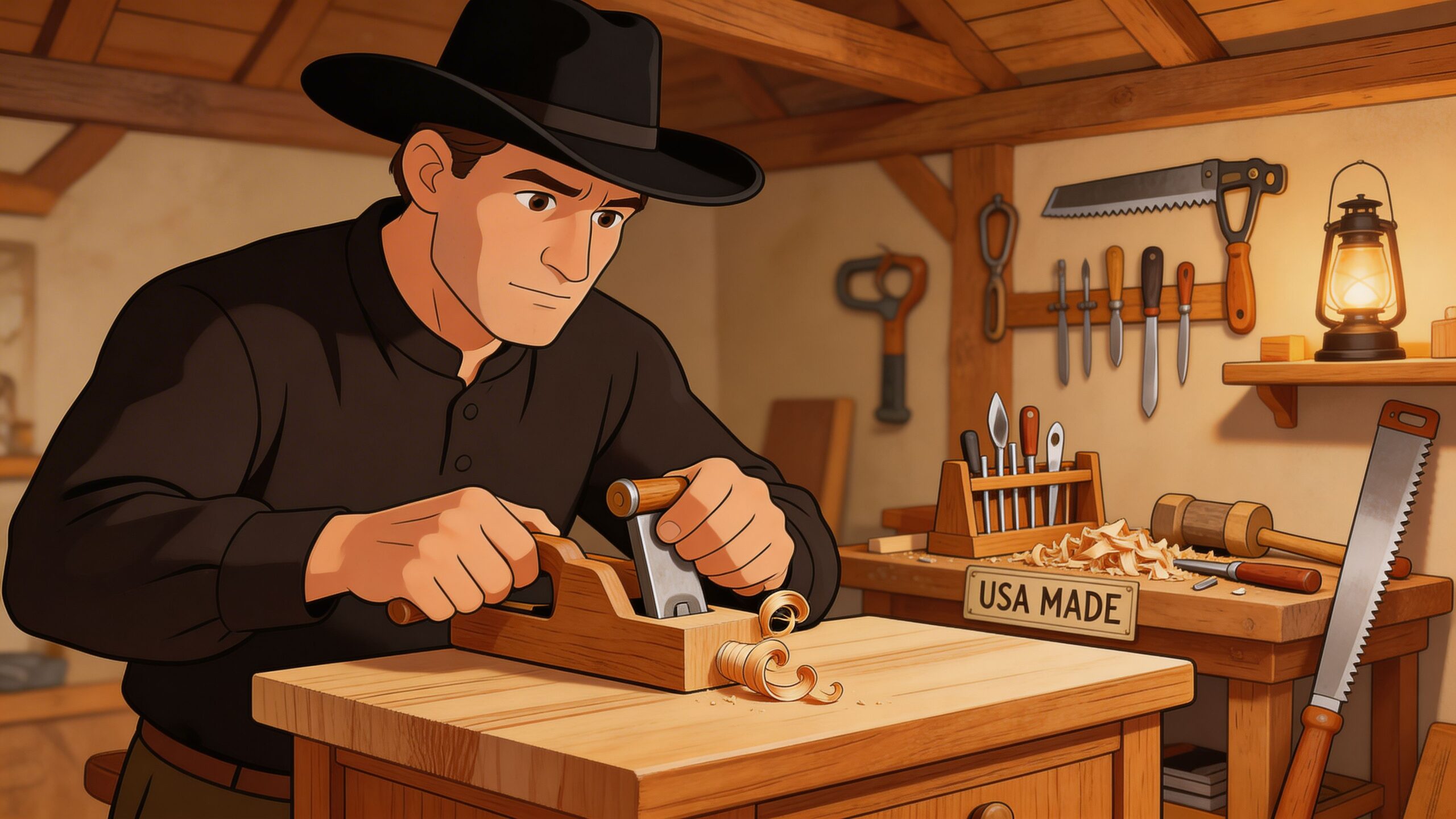 A skilled woodworker in a cowboy hat shapes a piece of timber with a hand plane.
