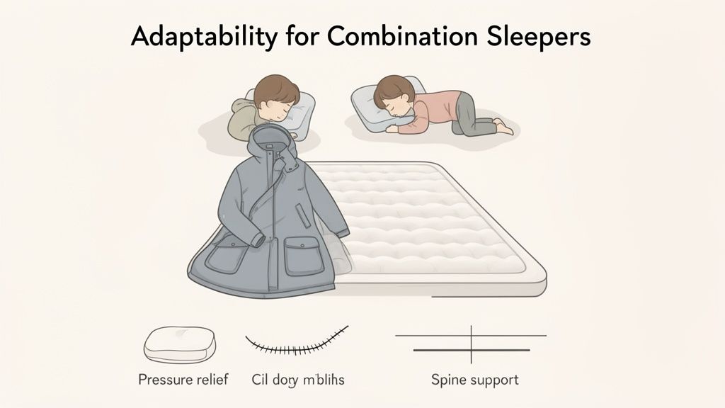 Illustration showing a mattress, two people sleeping in different positions, with icons for pressure relief and spine support, for combination sleepers.