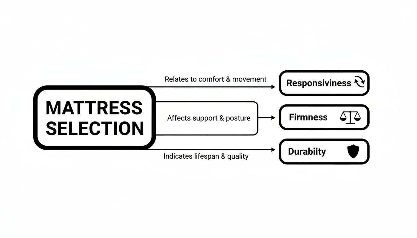 Flowchart illustrating key mattress selection factors: responsiveness, firmness, and durability, and their links to comfort, support, and quality.