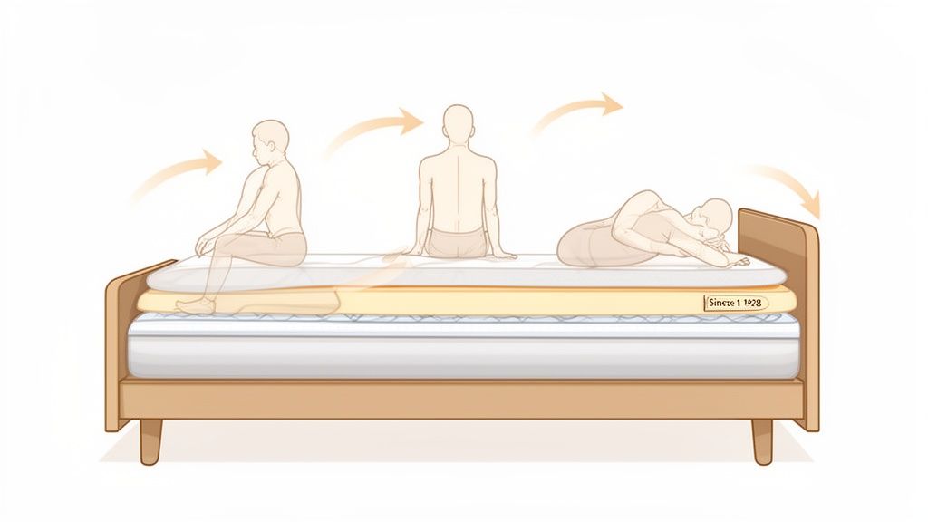 A person demonstrates changing sleep positions on a multi-layered mattress, suitable for combination sleepers.