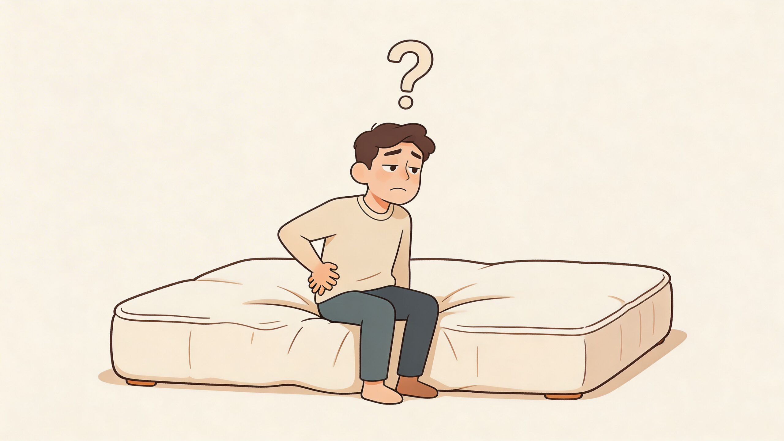 A confused person sitting on a mattress while holding their lower back due to physical pain.