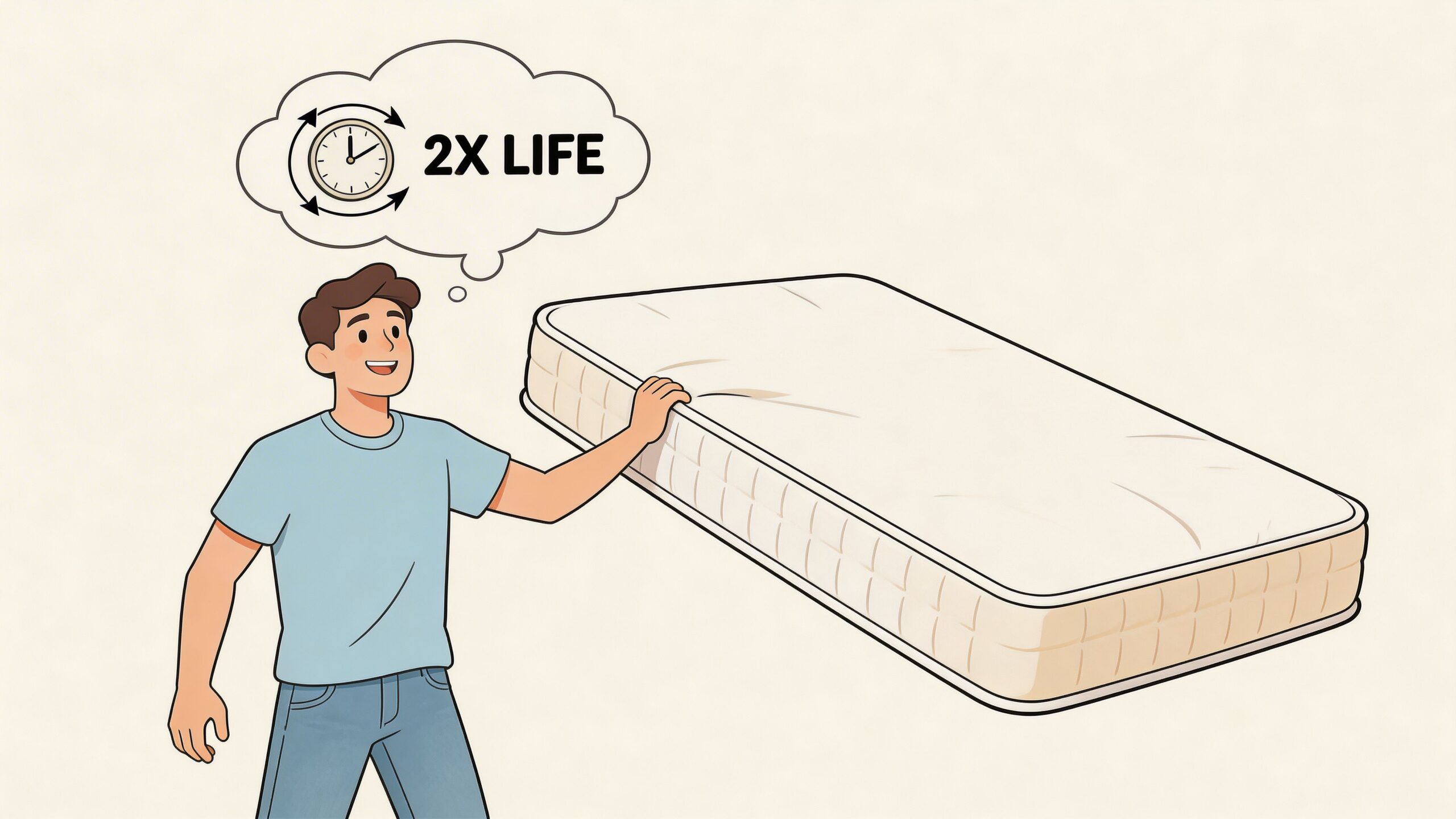 A man touching a clean white mattress while thinking about its doubled lifespan and improved durability.