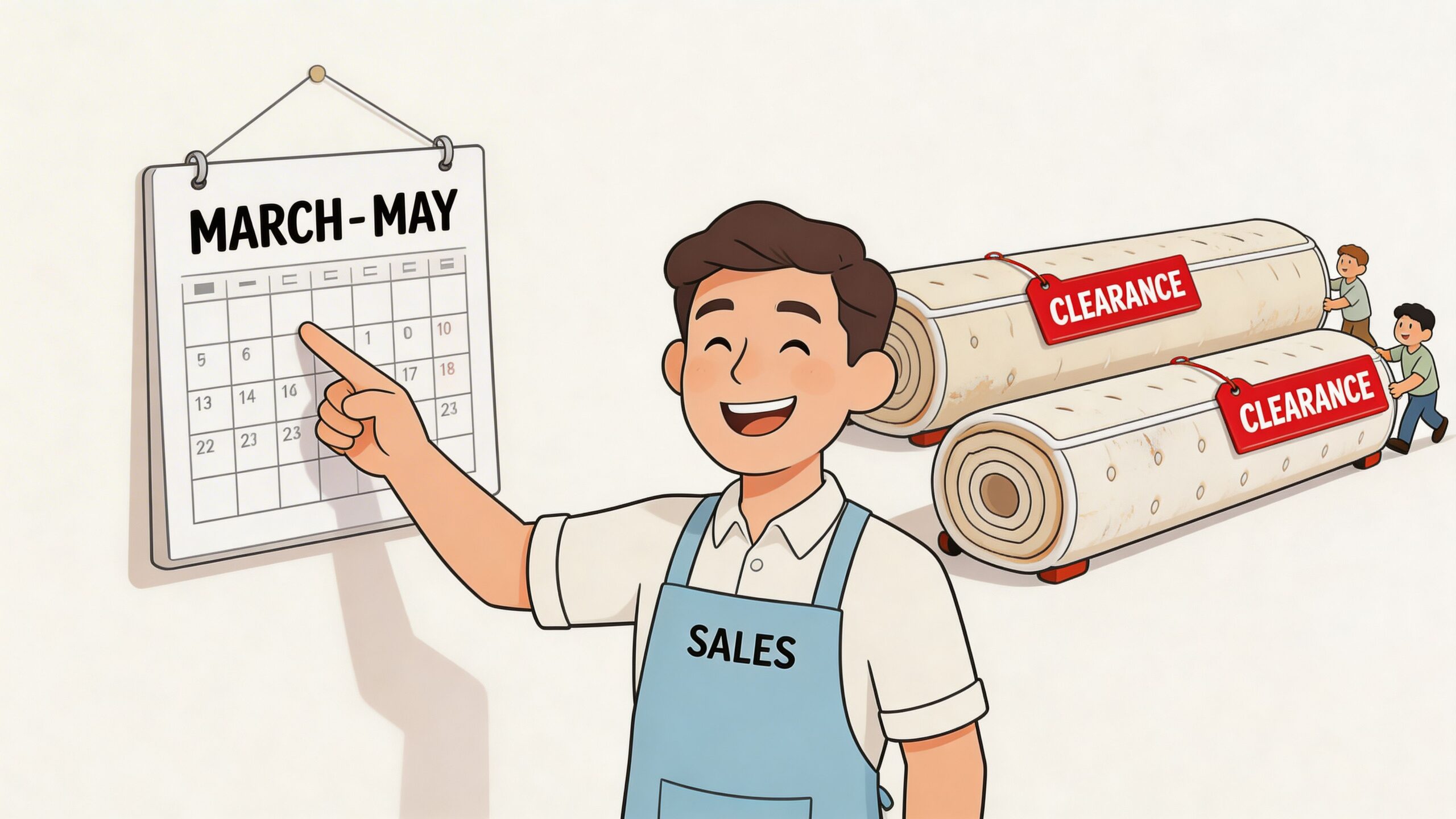 A friendly salesperson pointing to a calendar indicating a mattress sale between March and May with clearance items.