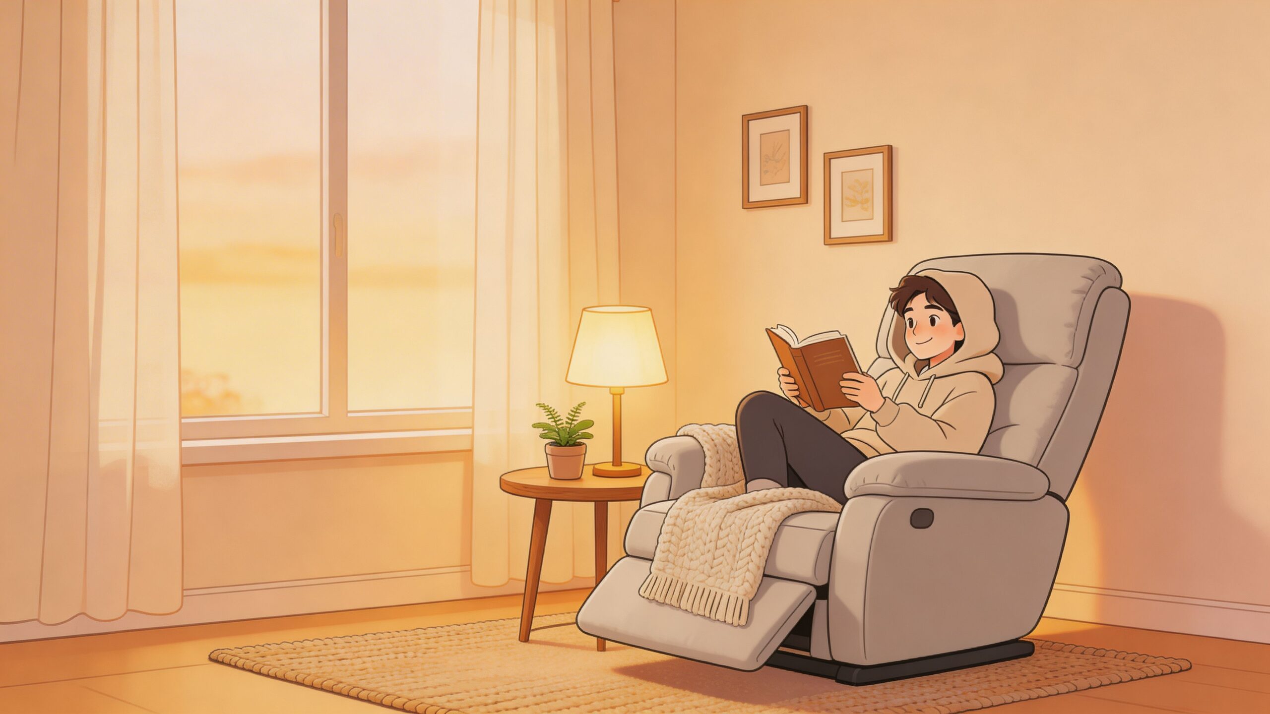 A cozy illustration of a young man reading a book while relaxing in a comfortable grey recliner.
