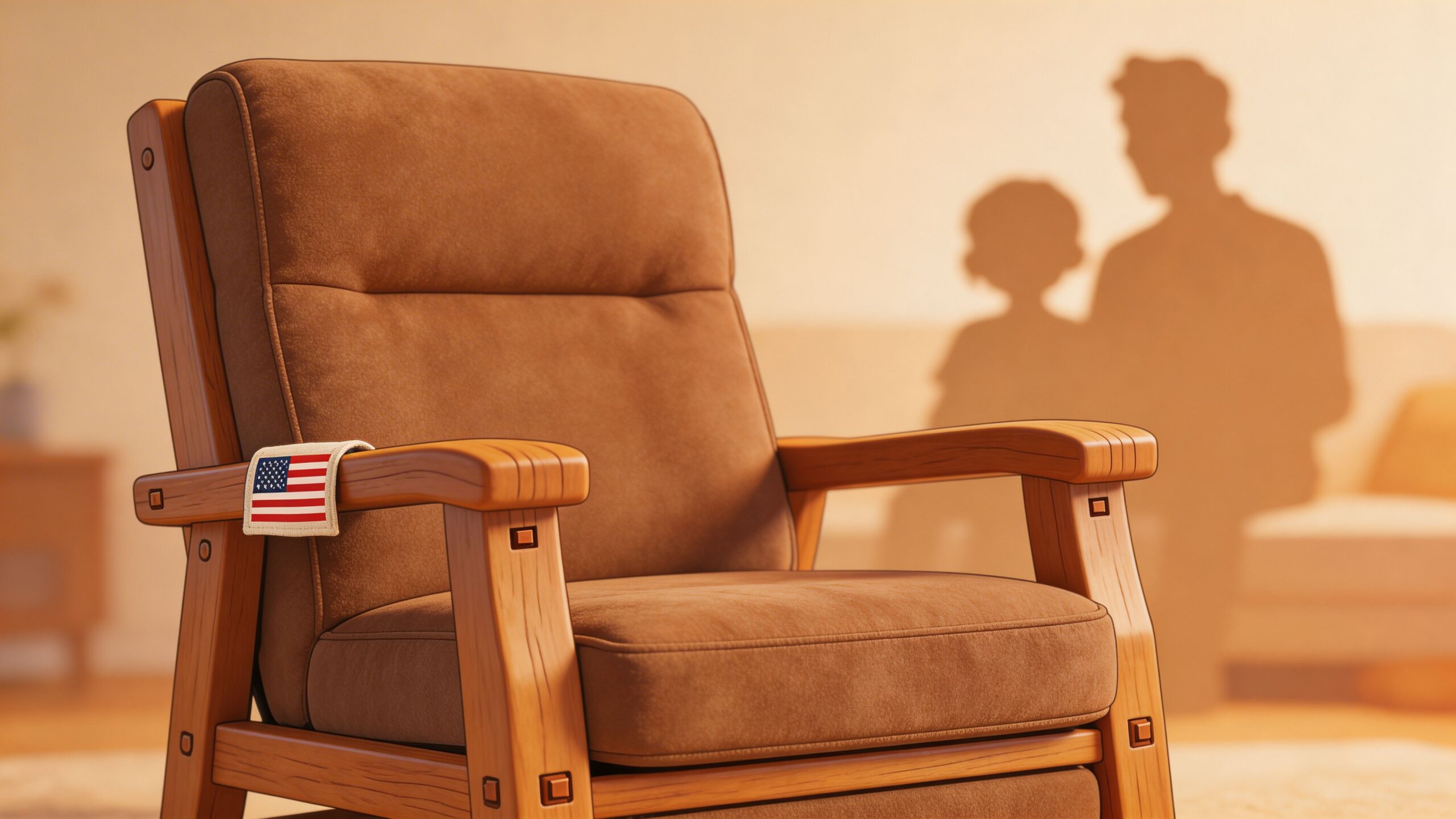 A cozy wooden recliner chair with an American flag tag in a warm, softly lit living room.