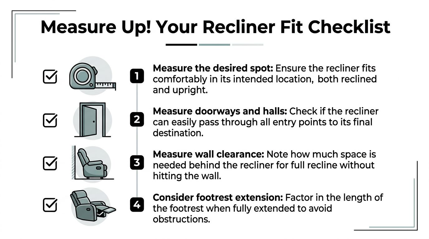 A four-step infographic checklist for measuring space and accessibility before purchasing a new recliner chair.