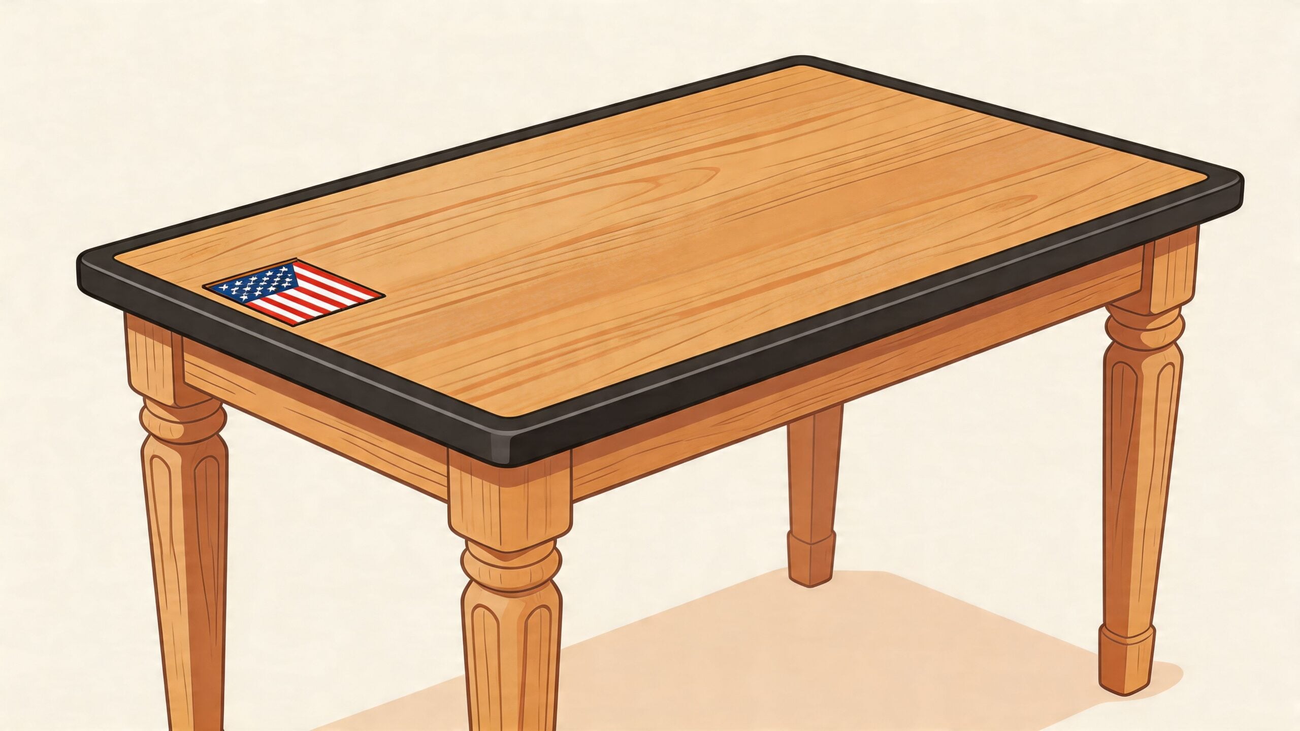 A wooden table featuring a black frame and an American flag emblem inlaid on the surface.