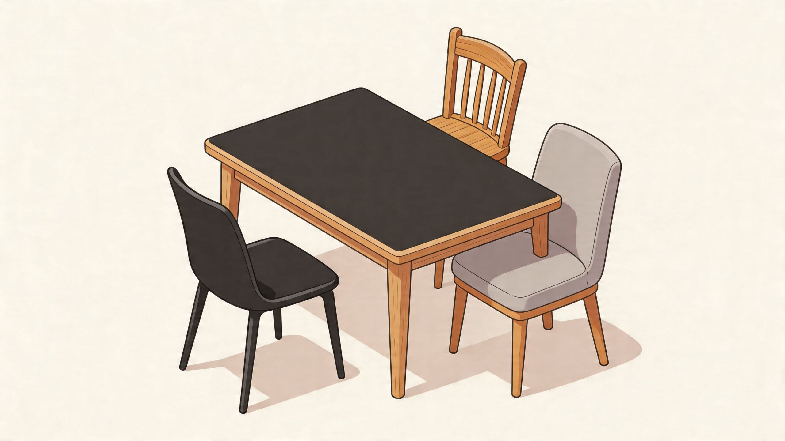A modern dining set with a black-topped oak table surrounded by three uniquely different chairs.