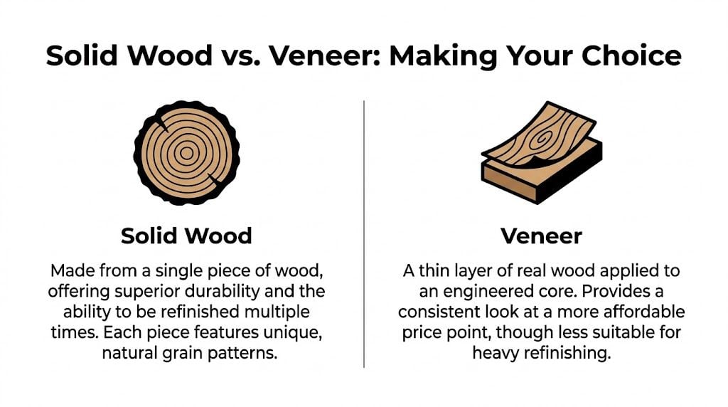 A comparison infographic between solid wood and wood veneer for furniture selection and material understanding.