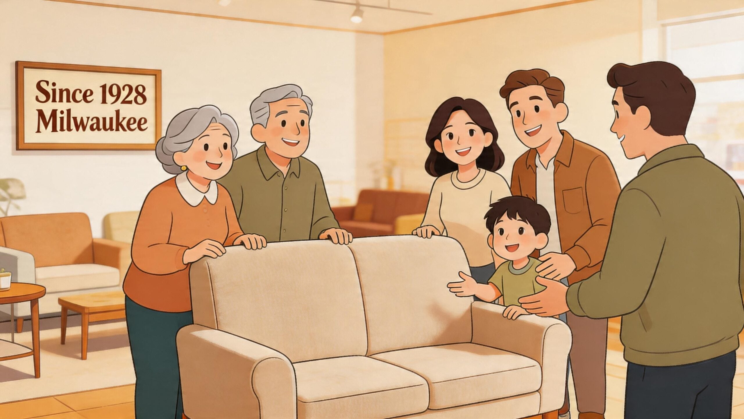 A happy multi-generational family shopping for a new beige loveseat in a furniture store showroom.