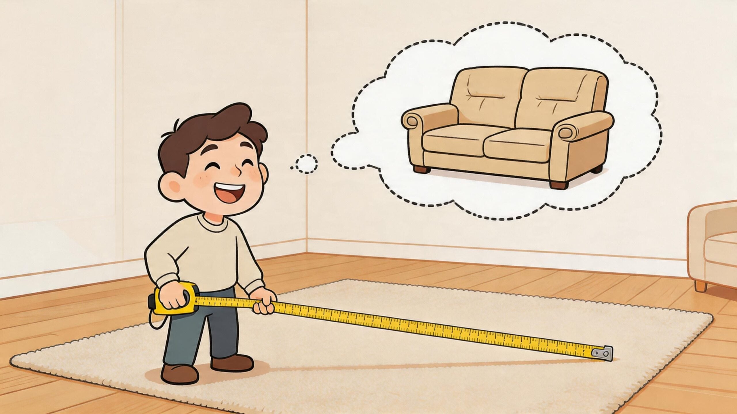 A happy young boy using a yellow measuring tape to measure the floor for a new sofa.