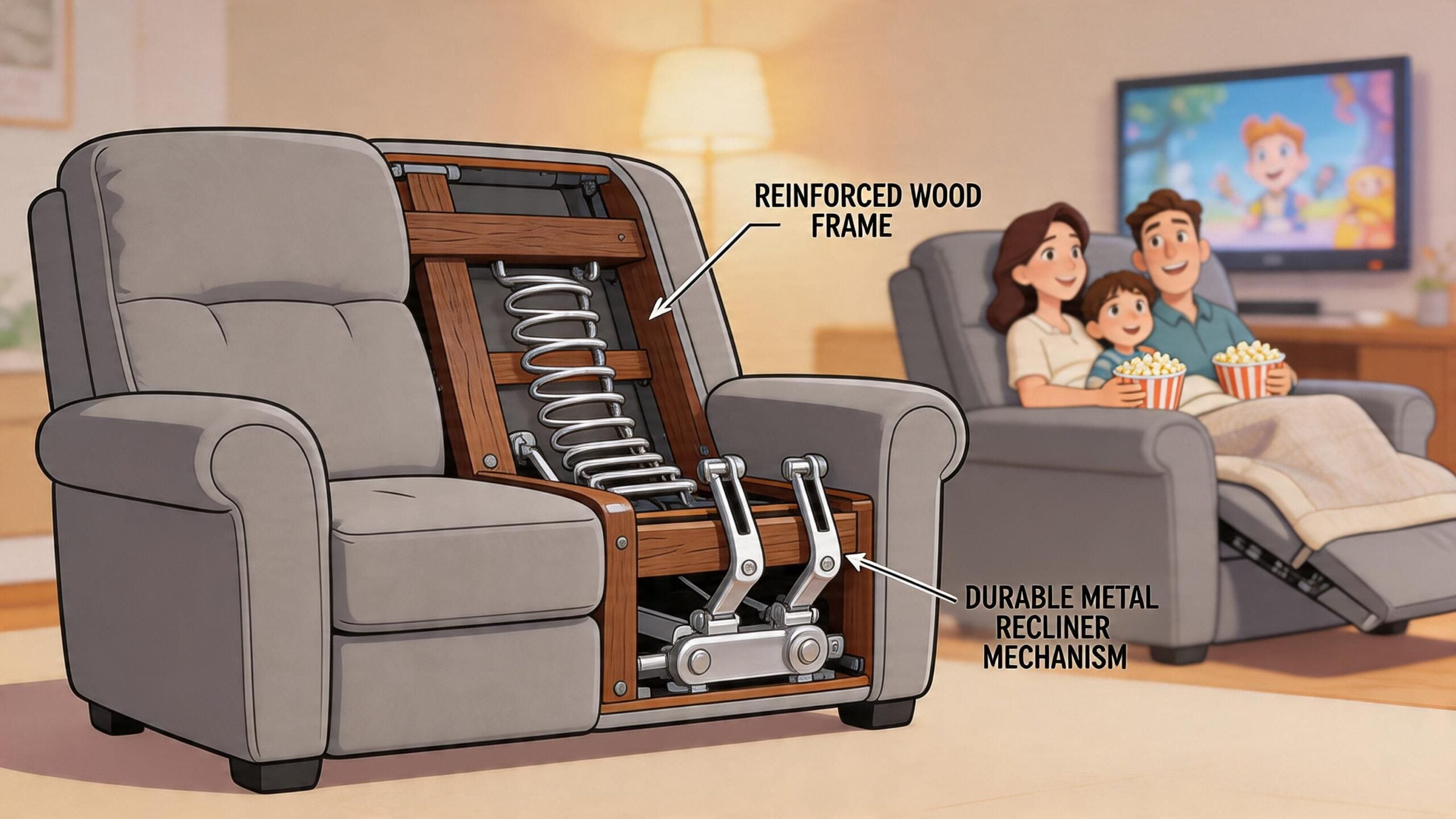 A cutaway view of a grey loveseat recliner revealing its reinforced wood frame and metal reclining mechanism.