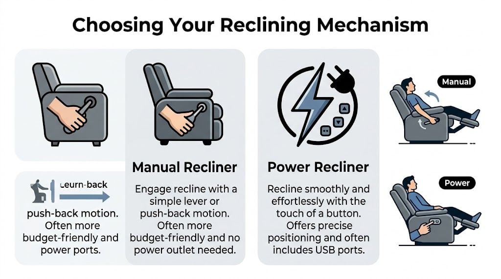 A comparison guide for choosing between manual and power reclining mechanisms for chairs and loveseats.