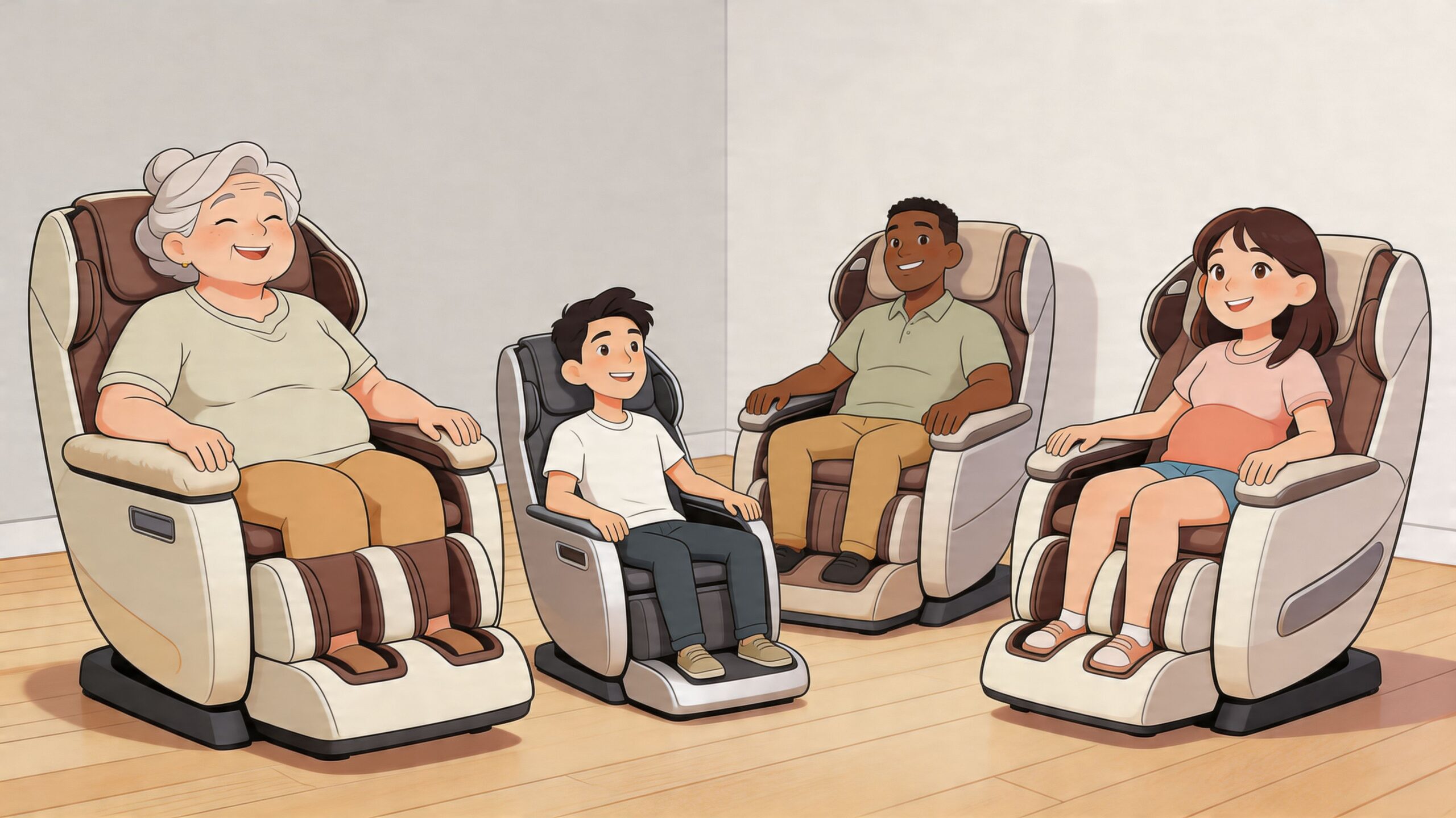 A diverse family of four happily relaxing in their modern massage chairs in a bright living room.
