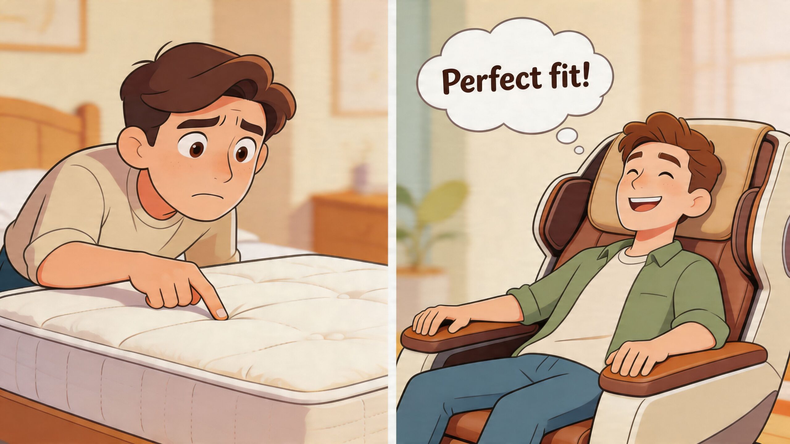 A split image showing a man feeling a firm mattress versus relaxing happily in a massage chair.