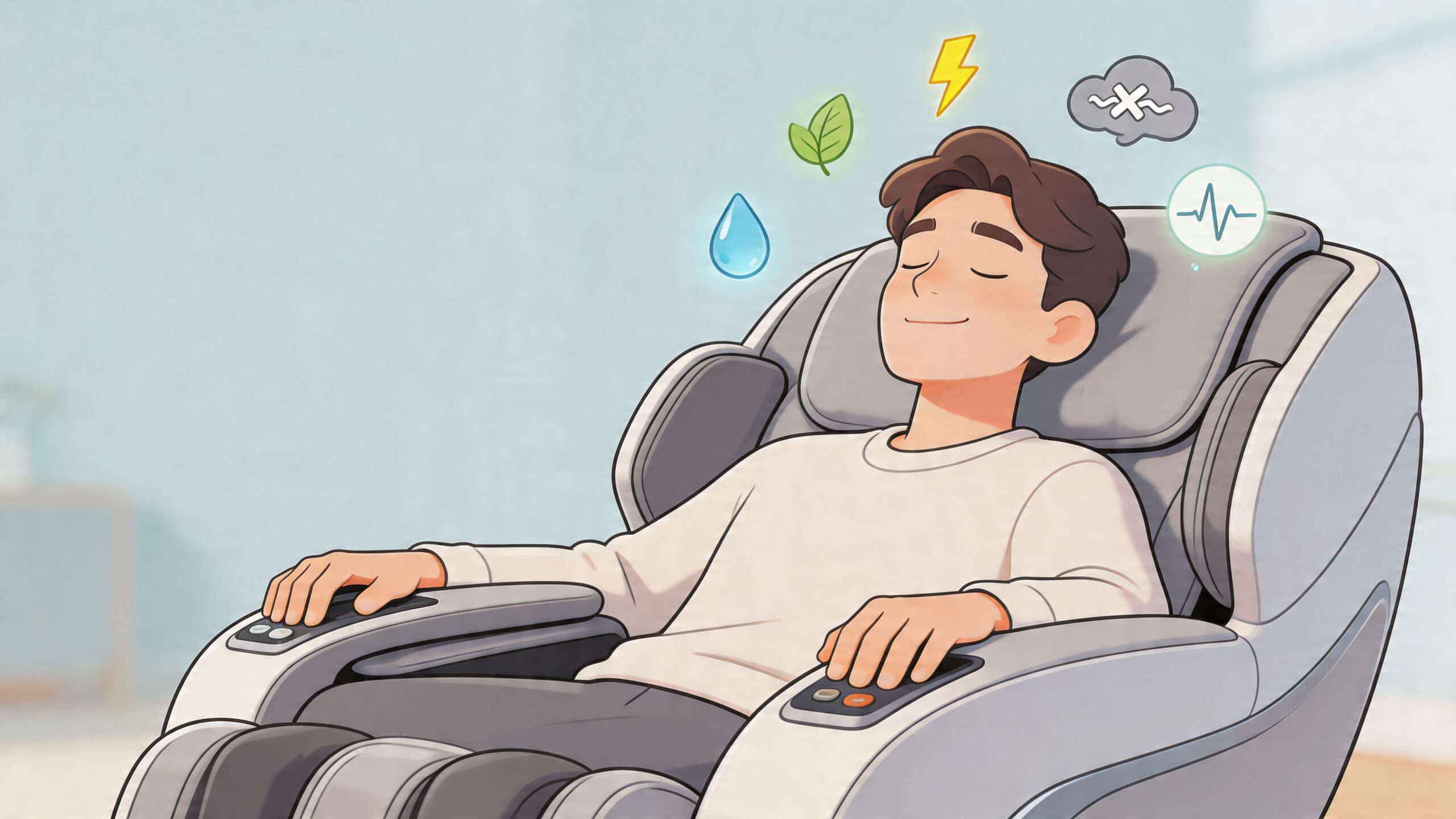 A young man relaxing in a comfortable massage chair with various wellness icons floating above him.