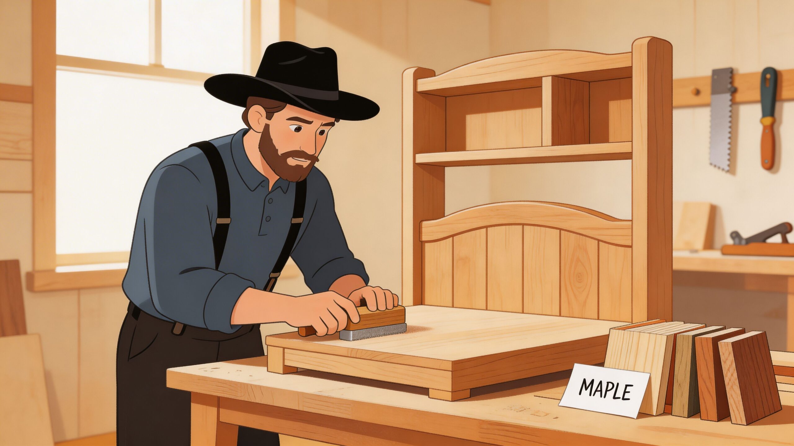A craftsman works on a wooden bookcase headboard for a twin bed in his woodworking shop.