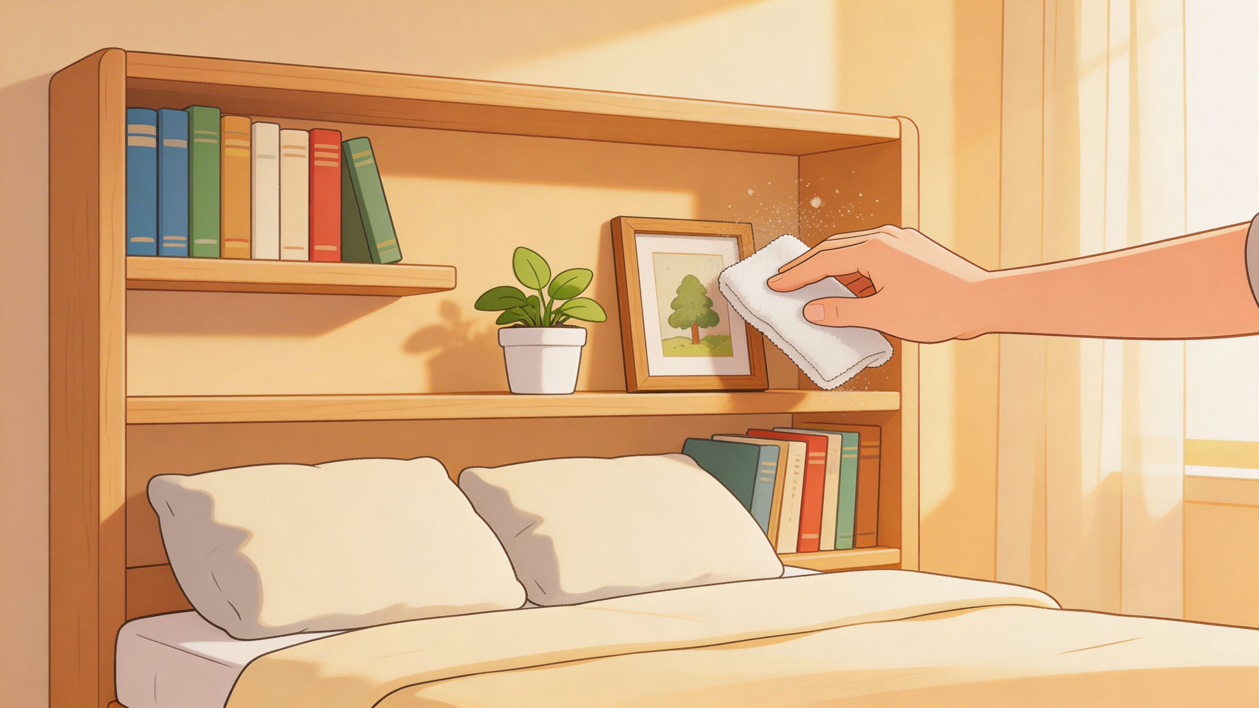 A hand wipes dust off a picture frame on a bookcase headboard for a twin bed