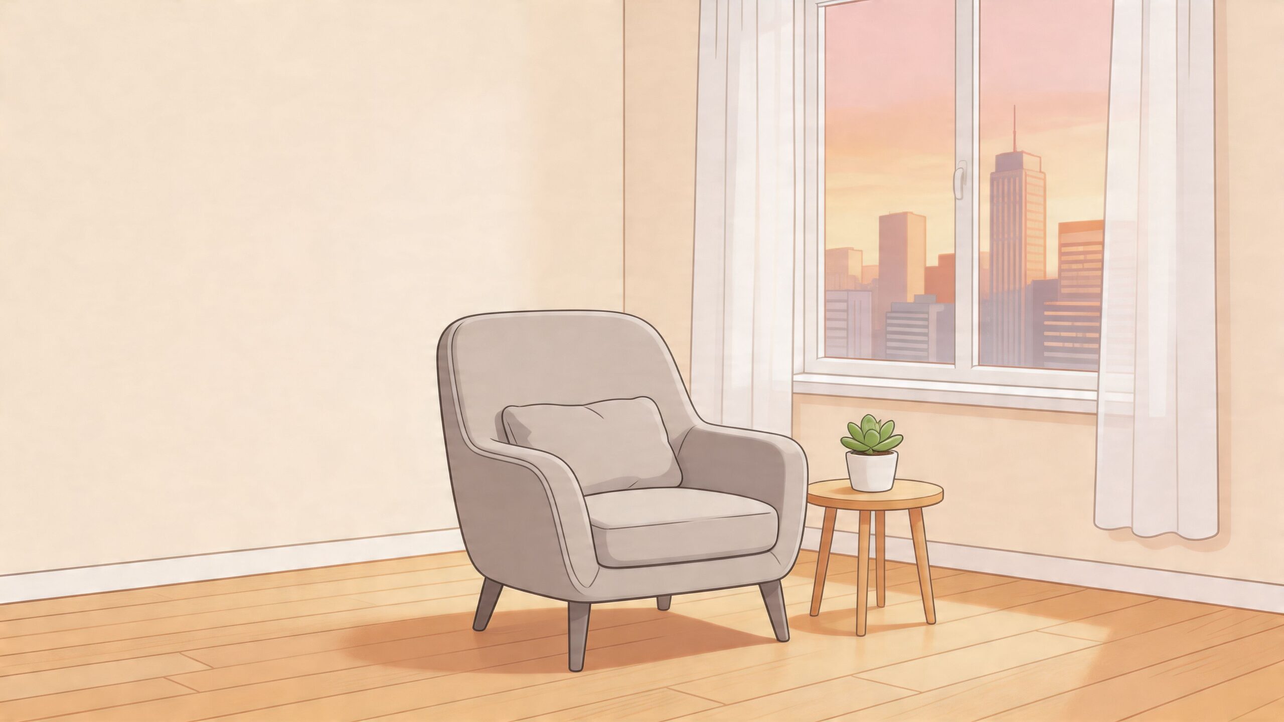 A cozy light gray armchair placed next to a small wooden table with a succulent by a window.