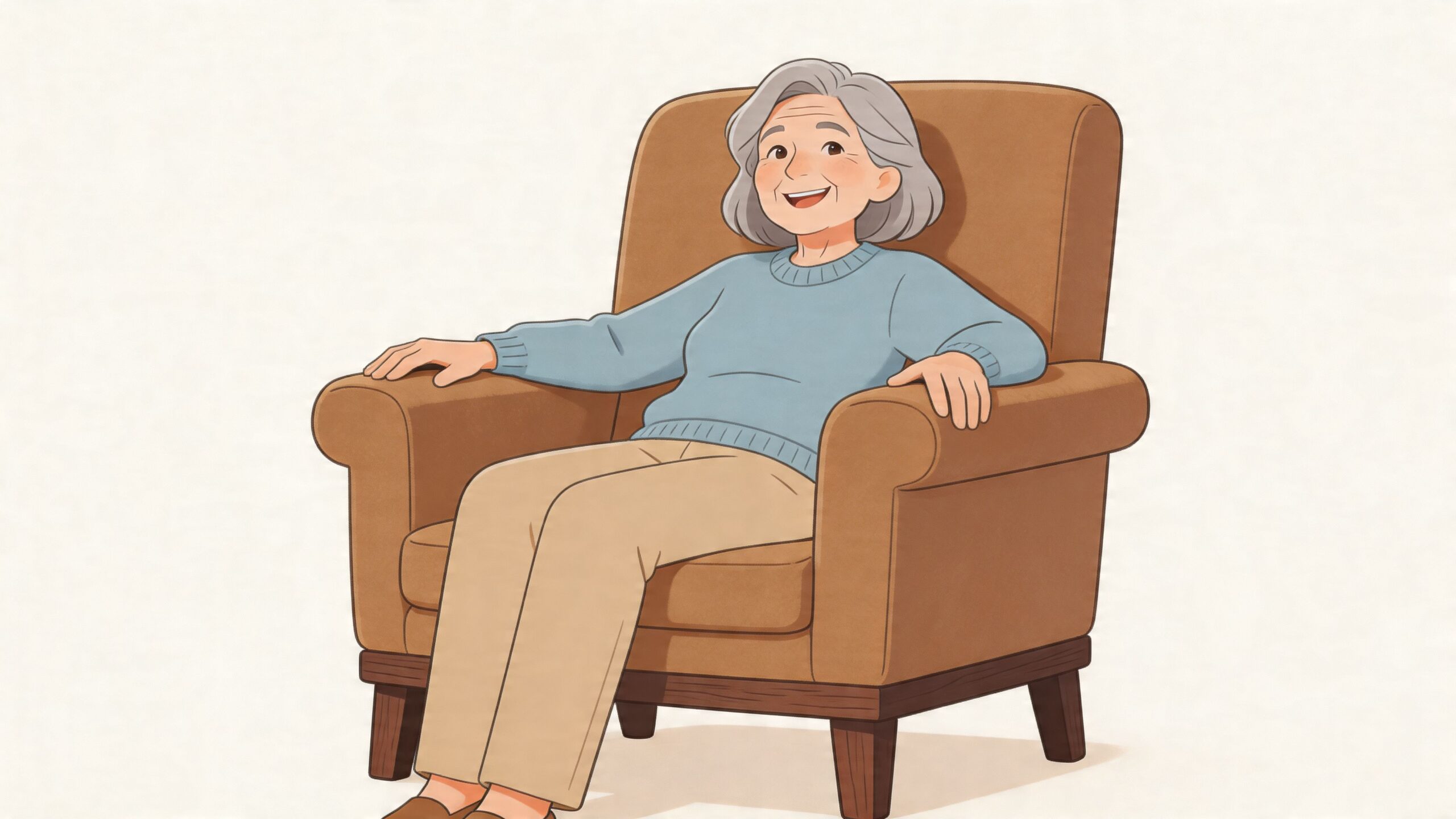 An elderly woman with gray hair smiling while sitting comfortably in a brown upholstered armchair.