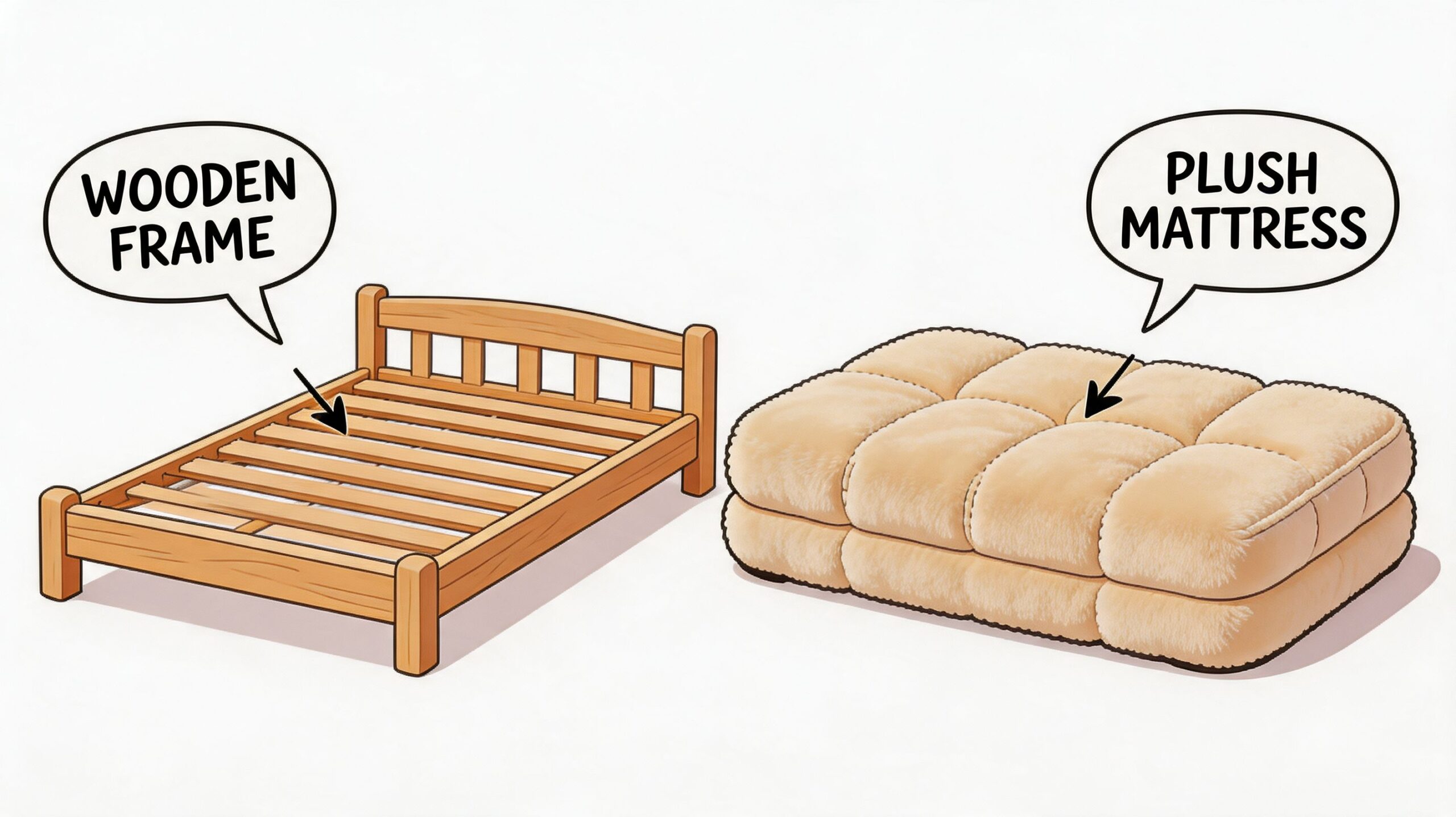 A split illustration showing a wooden slatted bed frame on the left and a plush, tufted mattress on the right.