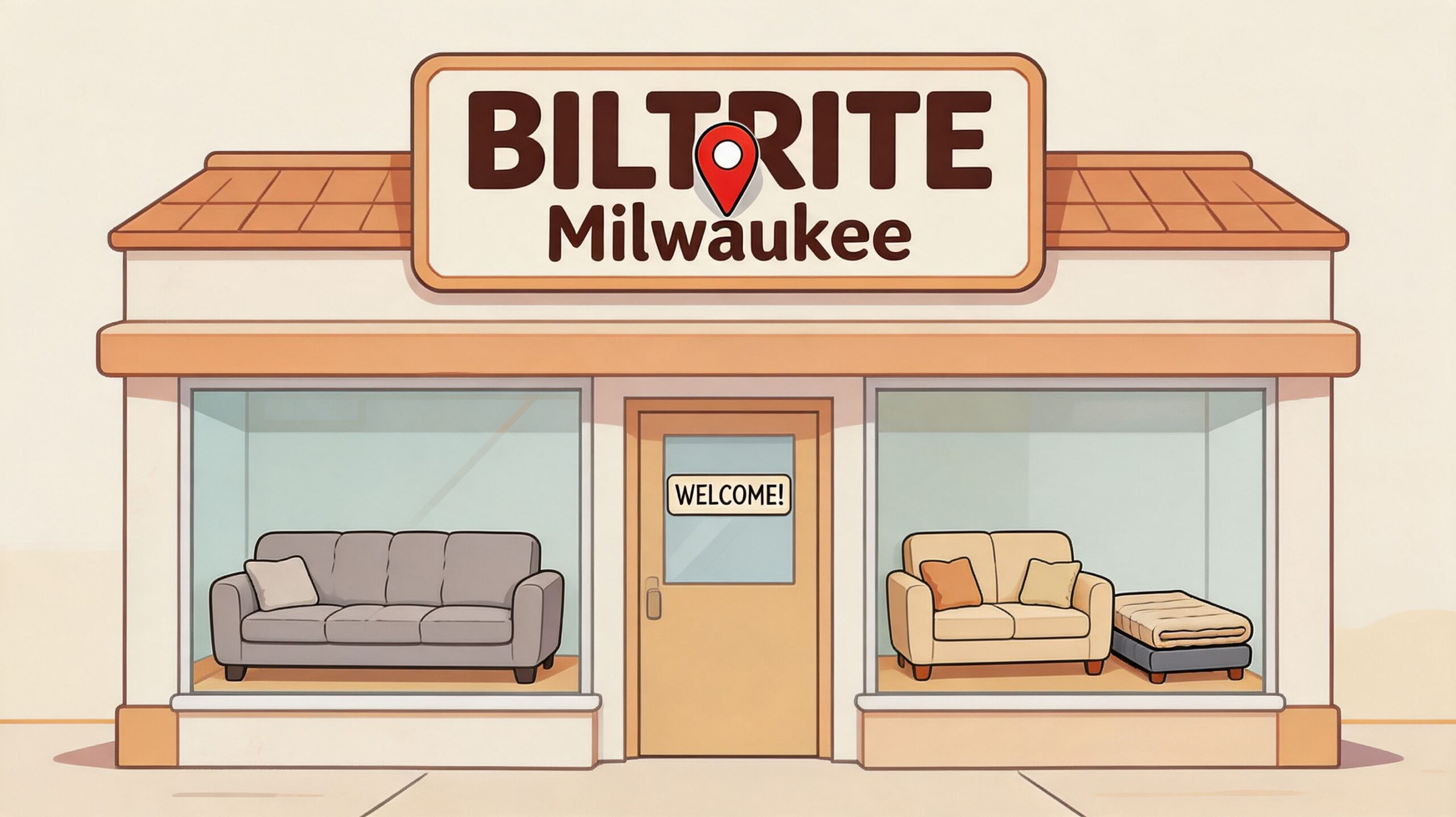 A storefront for Biltrite Milwaukee furniture store displaying couches and a futon in the window displays.