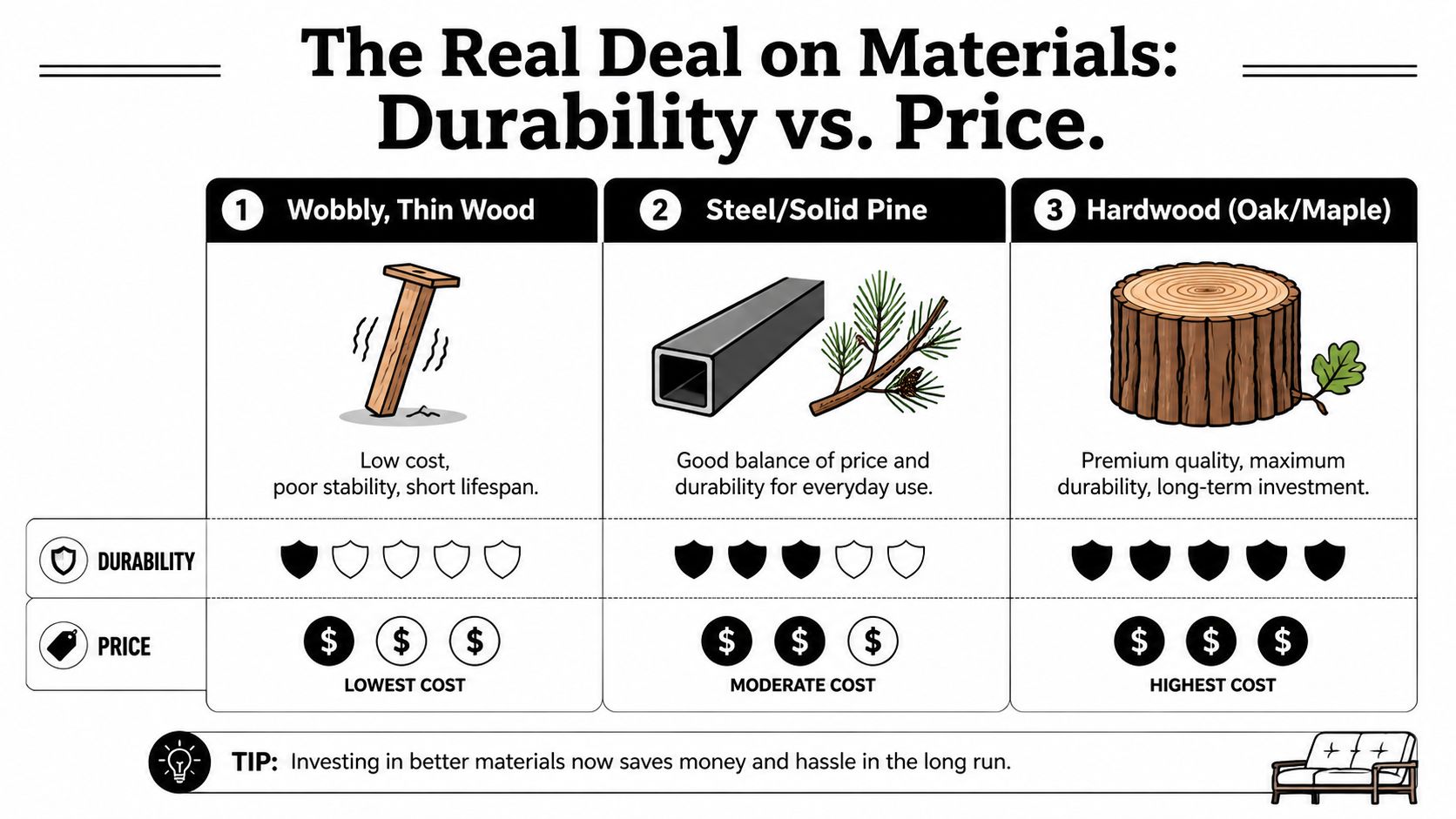 A comparison chart showing how material quality impacts durability and cost for furniture and bed frames.