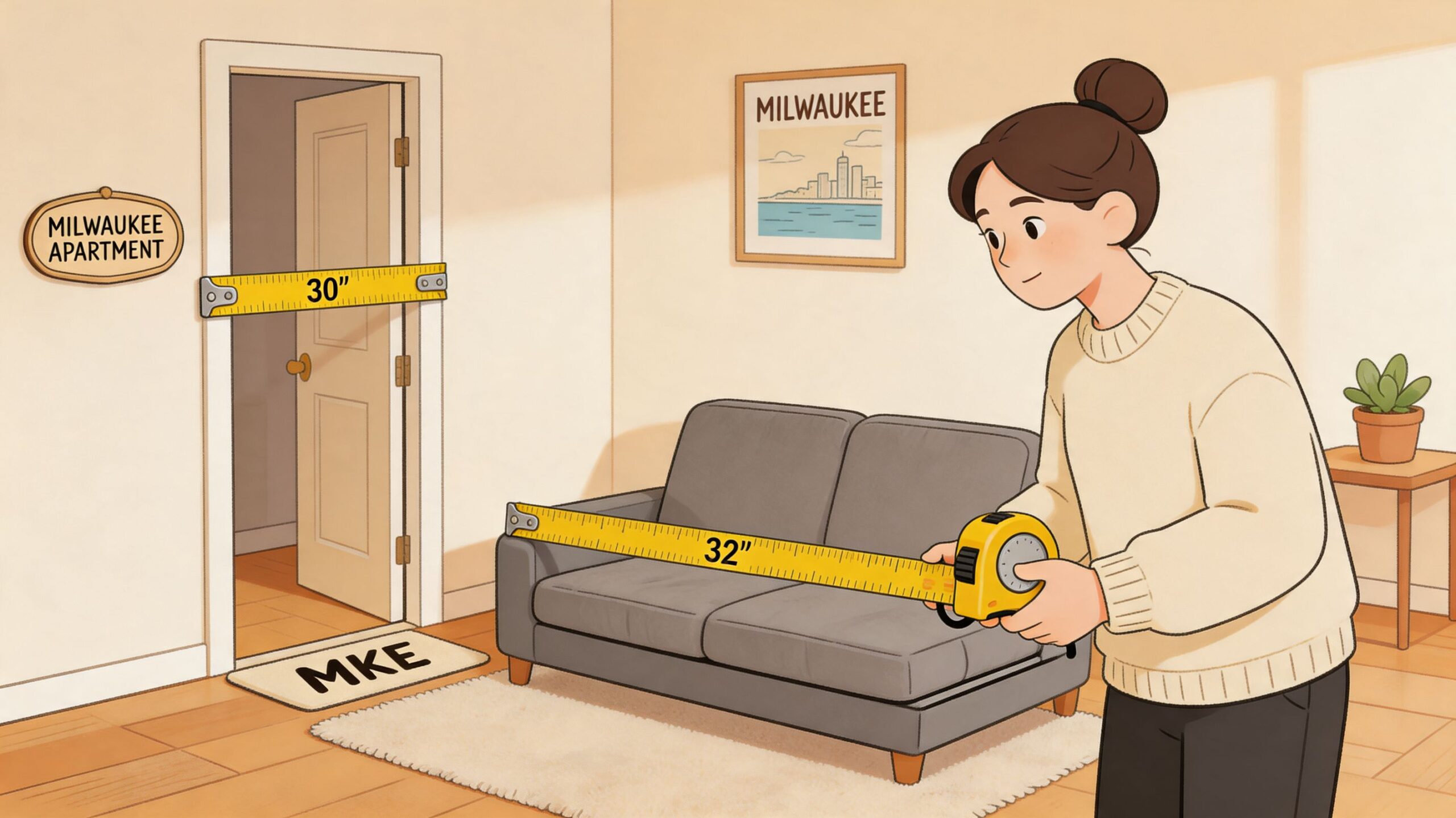 A woman measuring a gray sofa with a tape measure inside a Milwaukee apartment living room.