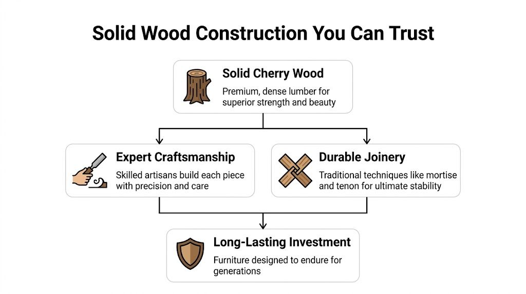 A diagram illustrating the quality of solid cherry wood construction for durable, long-lasting artisan furniture pieces.