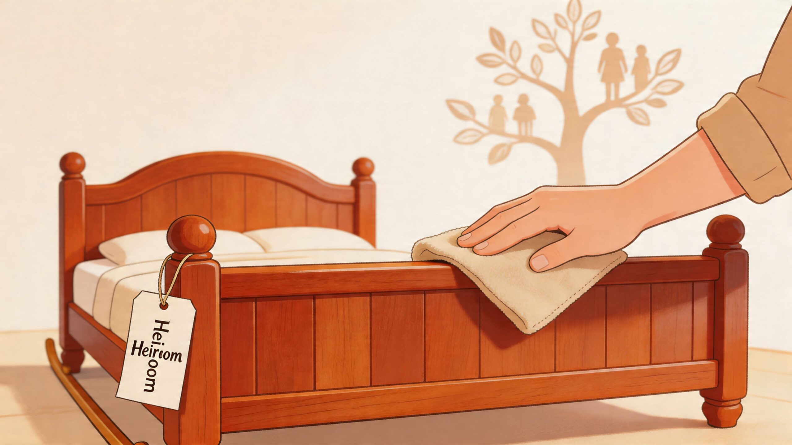 A hand wiping down a classic cherry wood sleigh bed with a tag labeled heirloom attached.