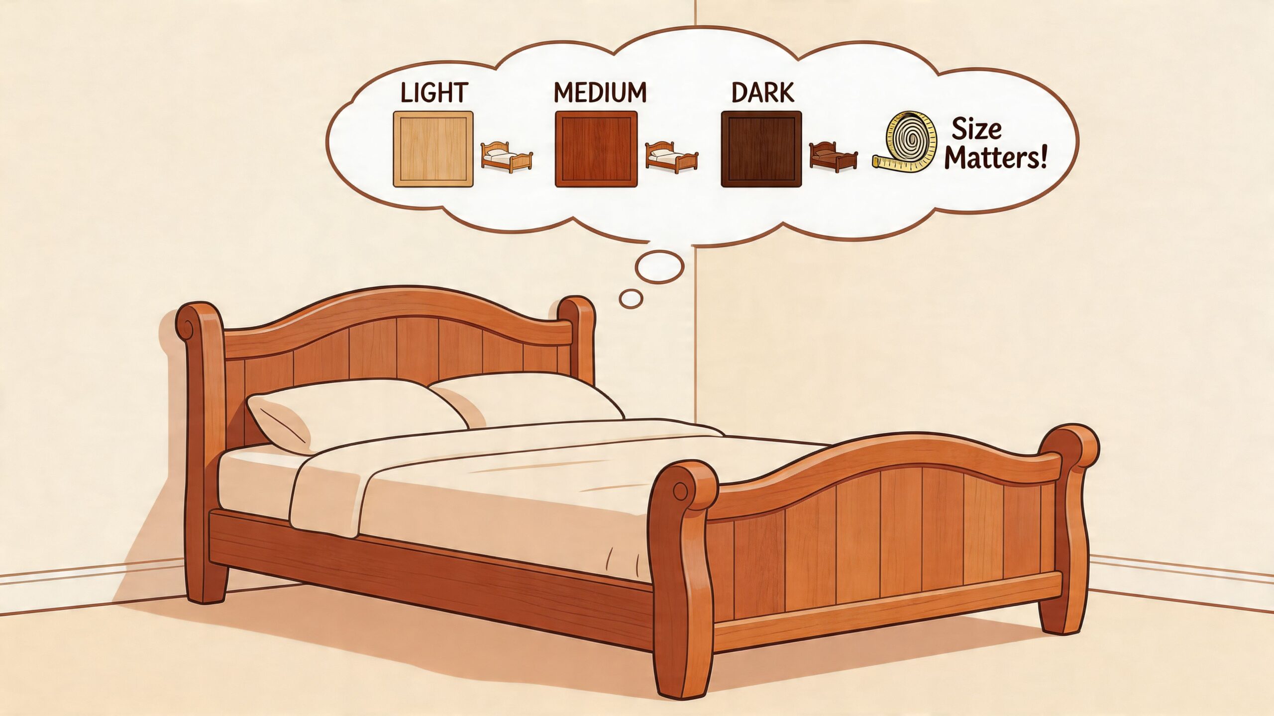 An illustration of a classic wooden sleigh bed with color options displayed in a thought bubble.