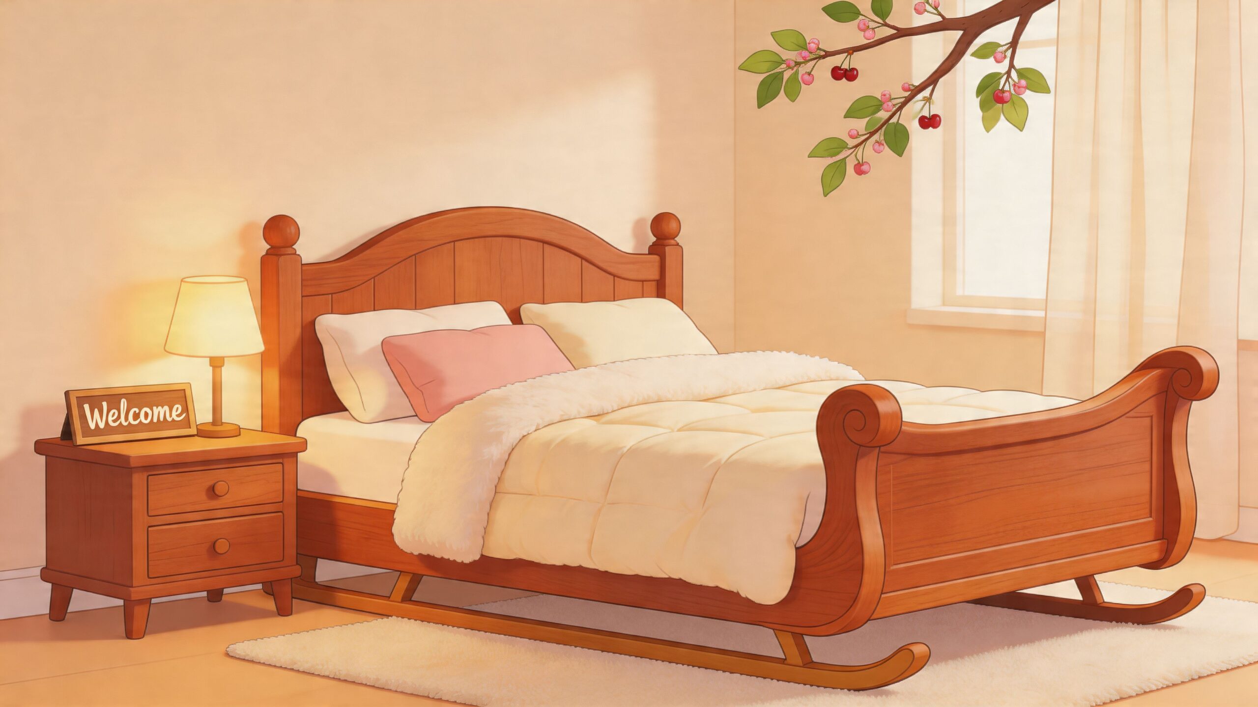 A cozy bedroom with a wooden sleigh bed and a cherry branch decoration near the window.