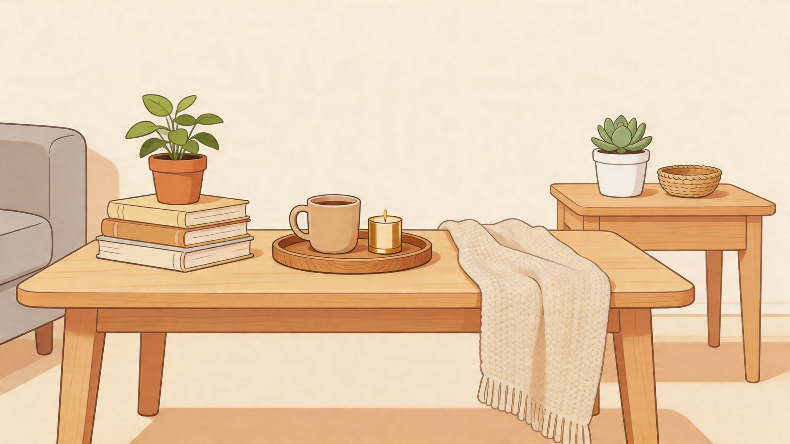 A cozy living room setting featuring a wooden coffee table with books, coffee, and a soft blanket.