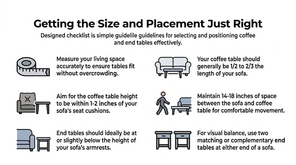 A design checklist infographic illustrating guidelines for selecting and positioning coffee and end tables in a room.
