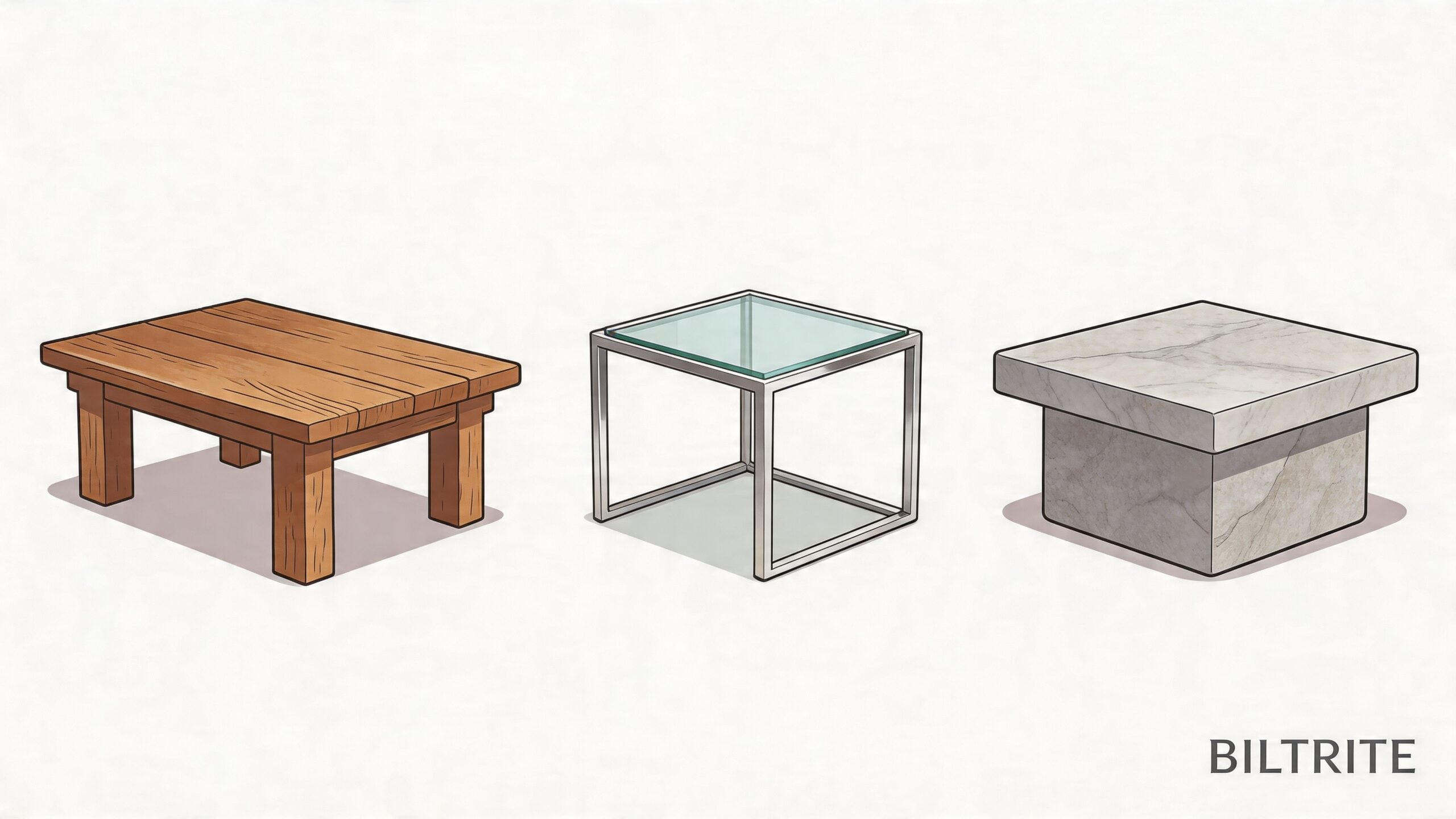 A minimalist illustration featuring a wooden coffee table, a glass end table, and a marble pedestal table.