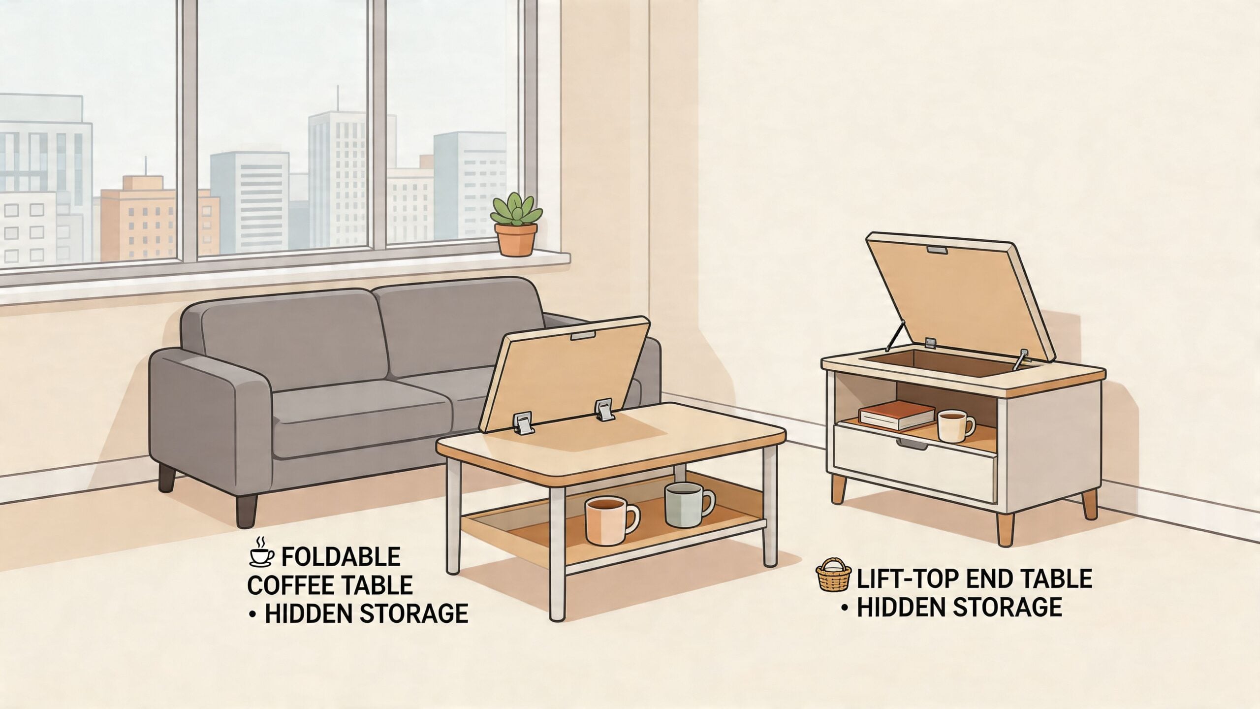 A modern living room featuring a wooden foldable coffee table and a matching lift-top end table.
