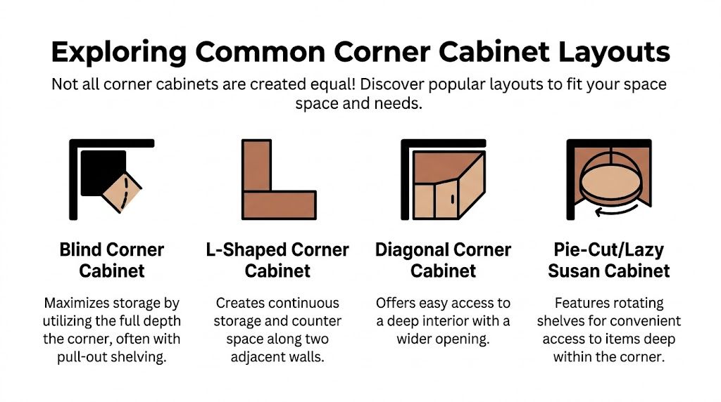 A diagram illustrating four common kitchen corner cabinet layouts with brief descriptions for each design style.
