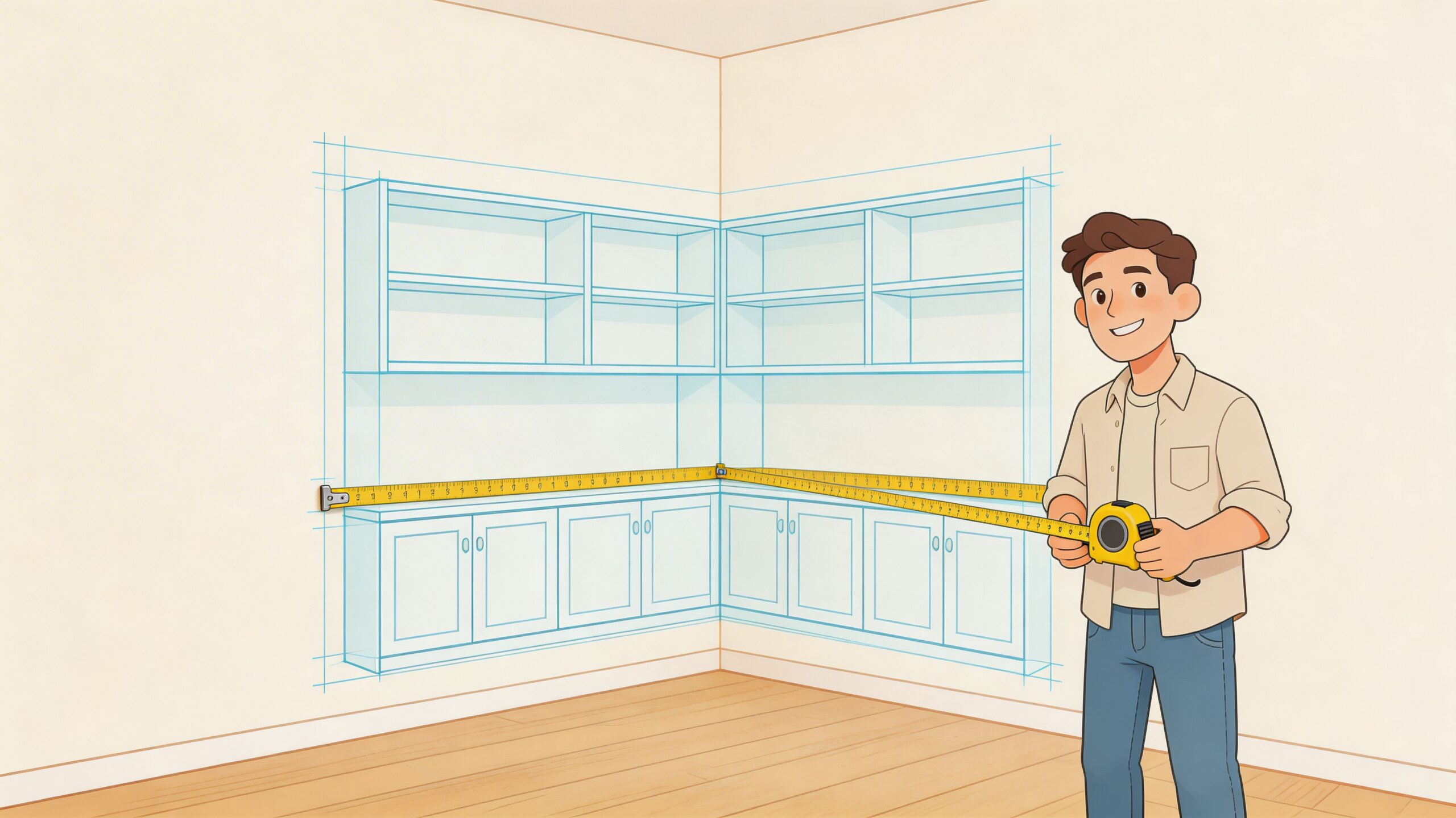A friendly man holding a yellow tape measure while measuring corner built-in cabinets in a room.