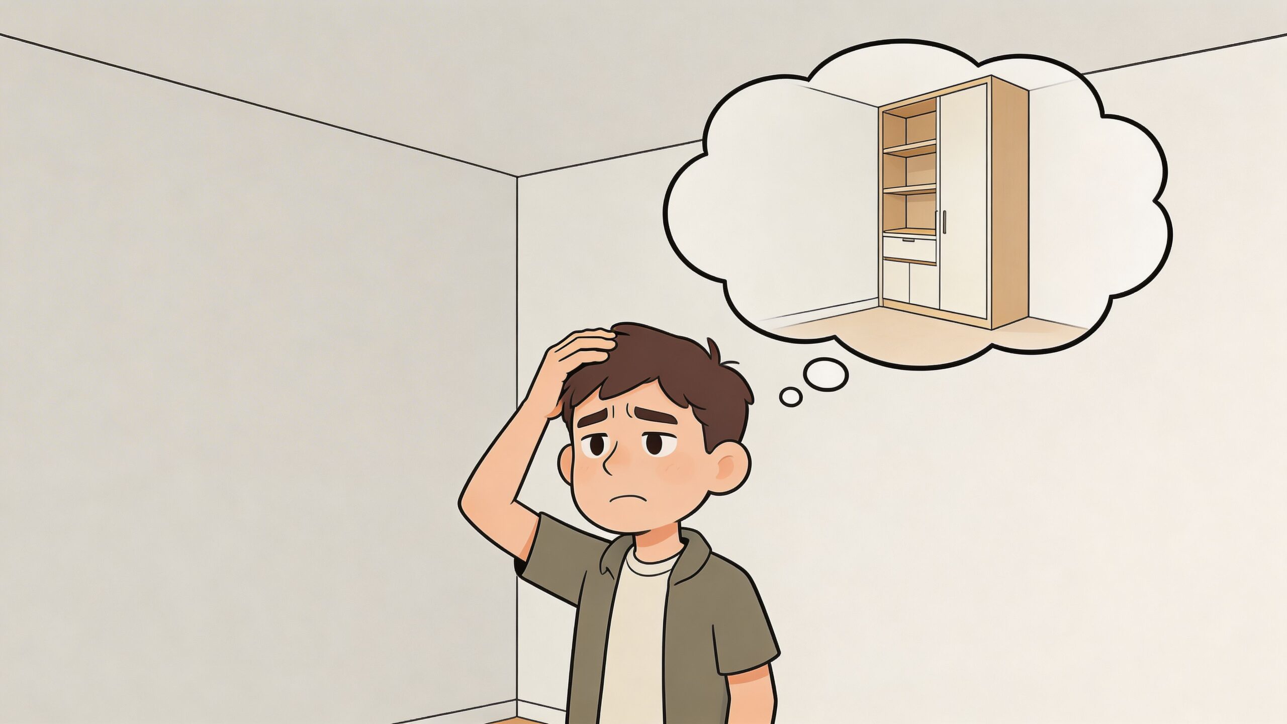 A concerned boy standing in an empty room, imagining a new corner built-in cabinet installation.