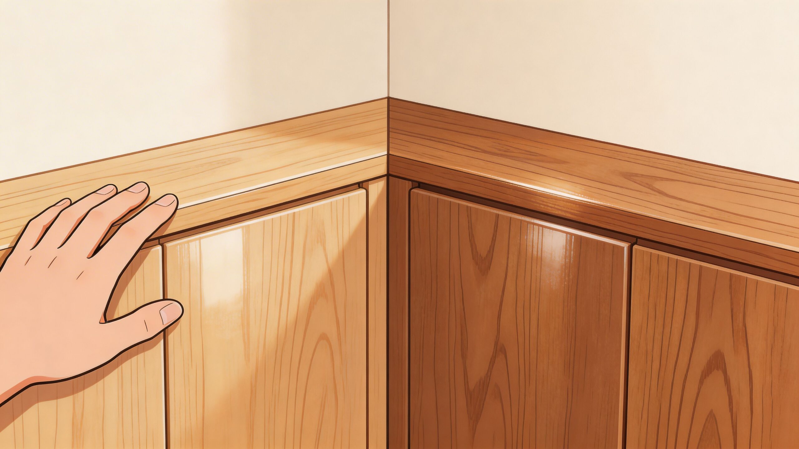 A person's hand touching the wooden countertop of built-in cabinets located in the corner of a room.