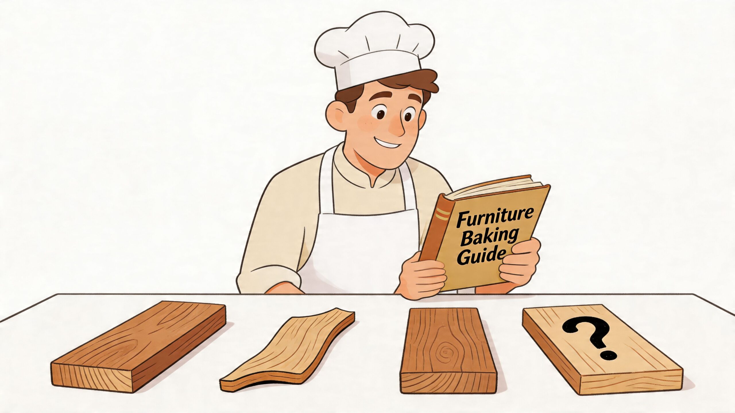 A cartoon baker holding a Furniture Baking Guide book while looking at wooden boards on a table.