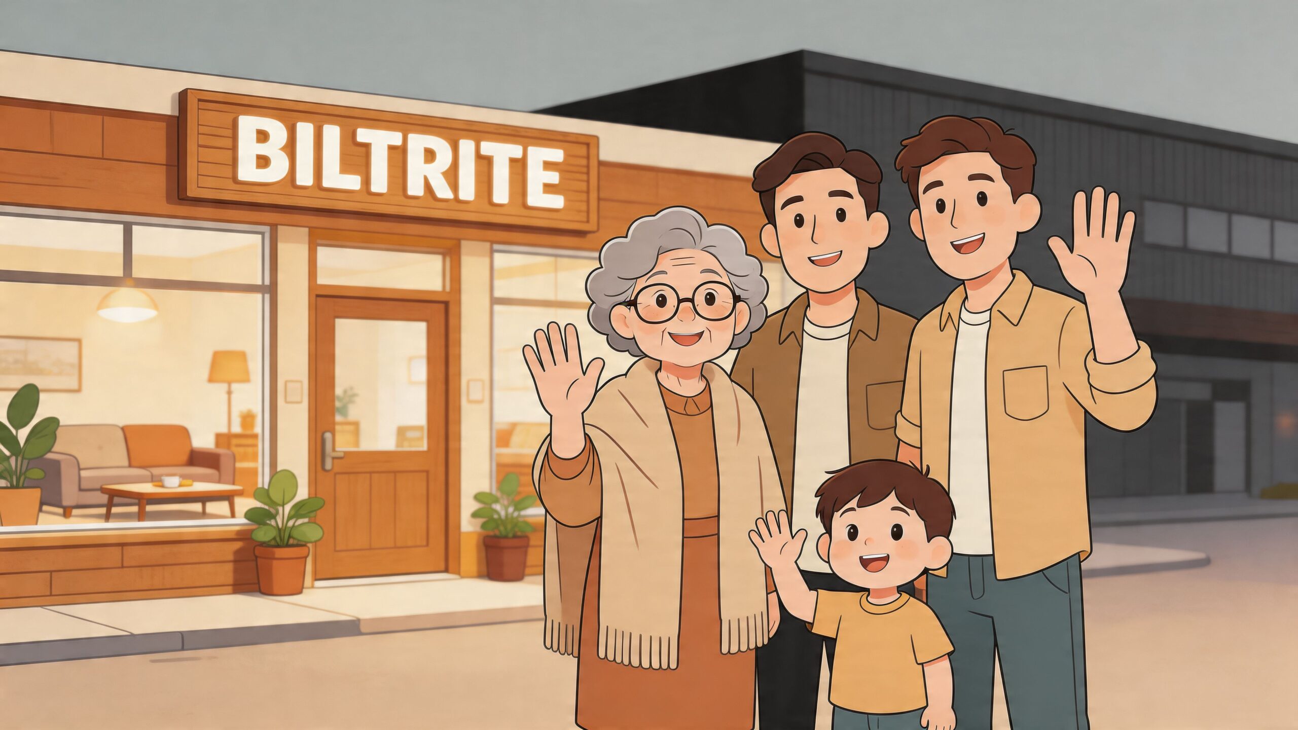 A happy family standing in front of a BILTRITE furniture store showcasing custom solid wood furniture.