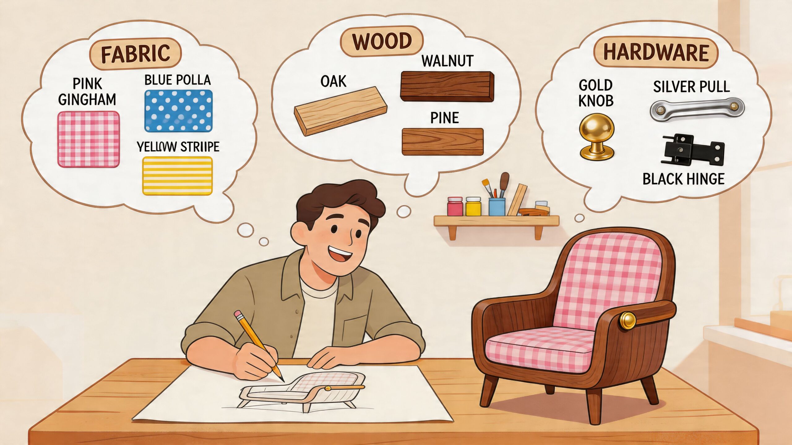 A designer sketching plans for a custom chair with choices of fabric, wood types, and hardware.