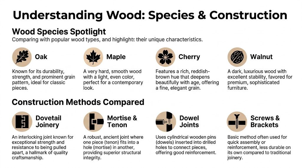 An infographic titled Understanding Wood comparing different wood species types and various common furniture construction joint methods.