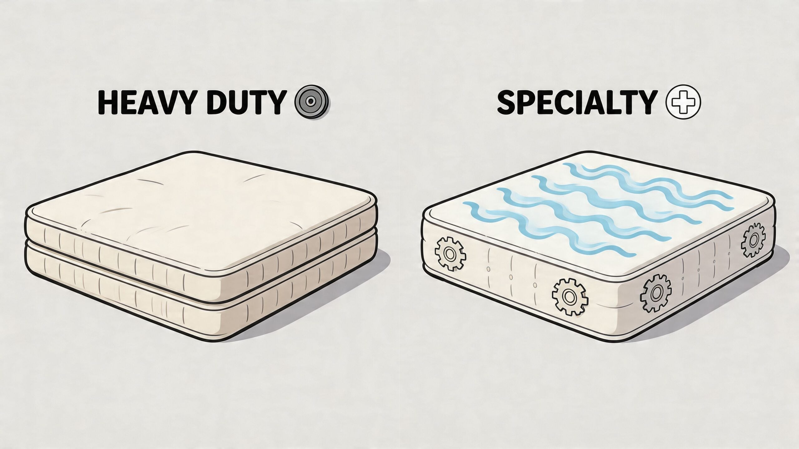 A side-by-side comparison illustration of a heavy duty mattress and a specialty mattress for shopping.