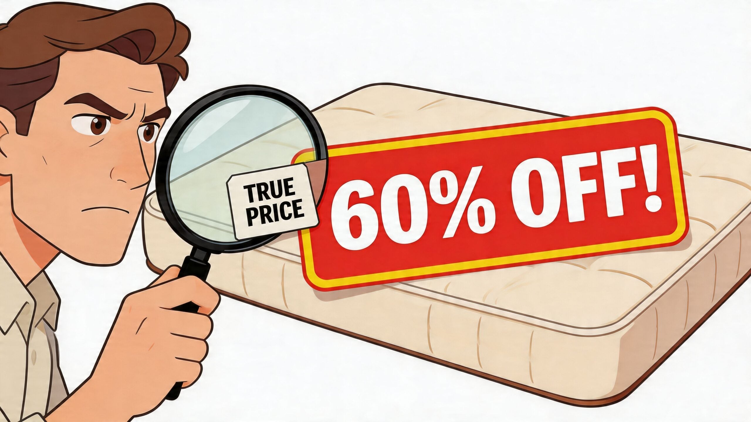 An illustration of a man using a magnifying glass to inspect a mattress featuring a discount label.