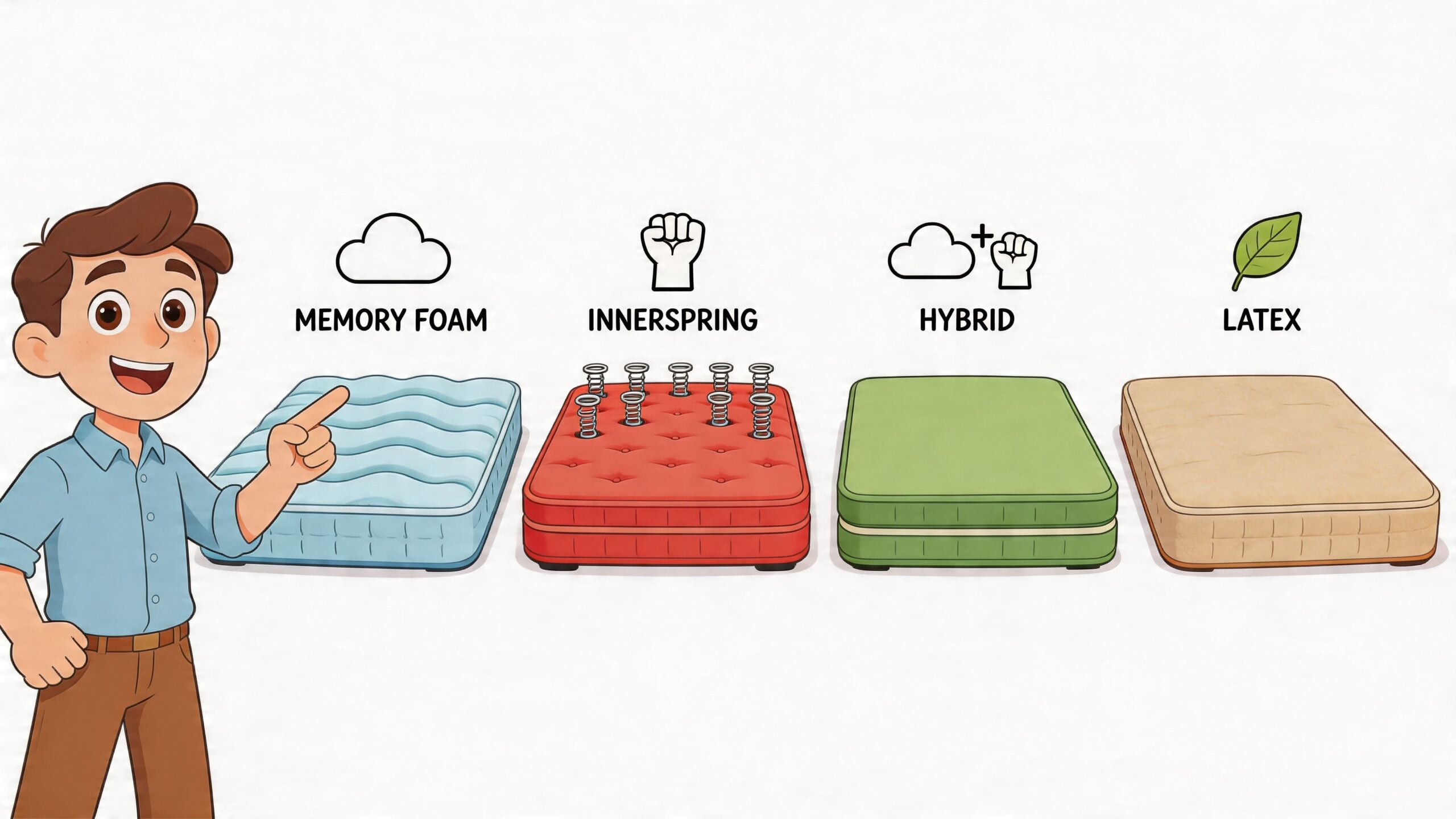 A friendly cartoon man pointing at different types of mattresses including memory foam, innerspring, hybrid, and latex models.