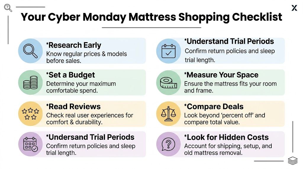 A helpful infographic featuring an eight-step checklist for smart mattress shopping during Cyber Monday sales.