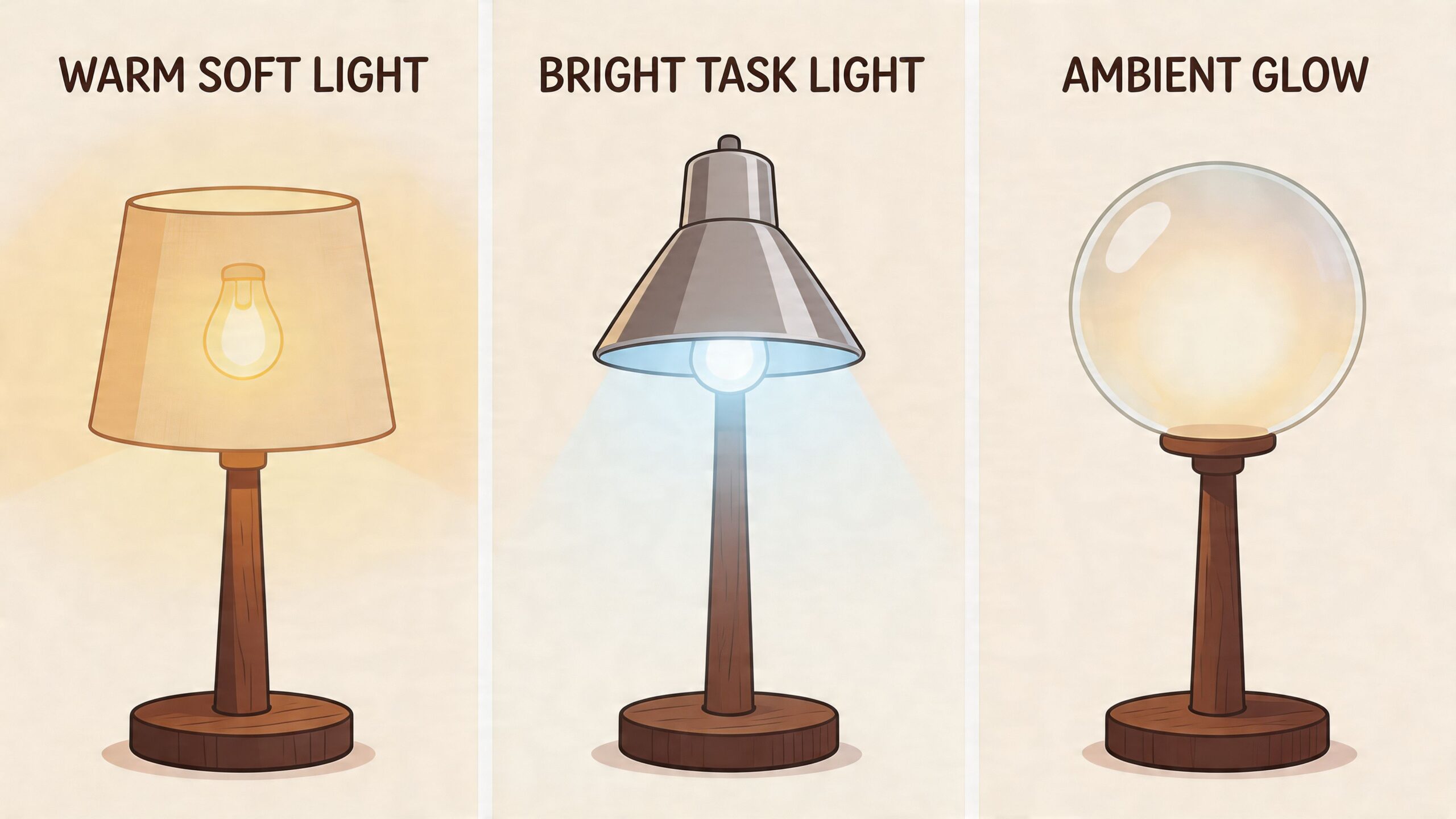 A graphic illustration showcasing three distinct types of dark wood table lamps with different lighting effects.